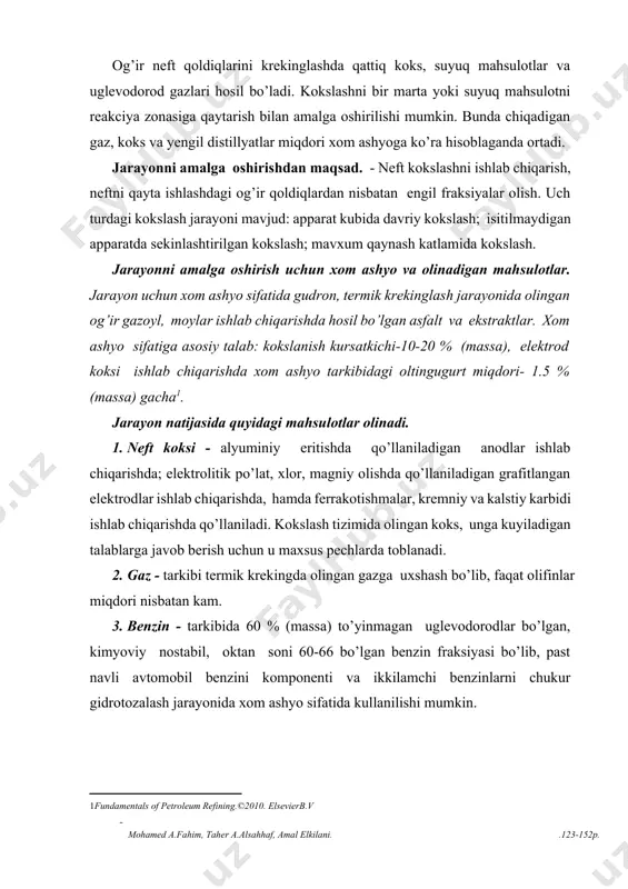 mponenti va ikkilamchi benzinlarni chukur gidrotozalash jarayonida xom ashyo sifatida kullanilishi mumkin. 4. kerosin-gazoyl fraksiyasi - dizel, pech va gaz turbinalari uchun yoqilg’i, gidrotozalash va katalitik krekinglash jarayoni uchun xom ashyo sifatida qo’llaniladi. bosim ostida olib boriladigan termokreking jarayonidan kokslashni farqi, termokrekingda hosil bo’lgan og’ir suyuq kreking – qoldiq tizimdan chiqarilib turiladi, kokslashda esa resirkulyat sifatida reaksiyaning eng og’ir mahsulotidan foydalaniladi. sanoatda kokslash jarayonlari uch tipga bo’linadi: • davriy; • yarim uzluksiz; • uzluksiz. davriy kokslash jarayoni gorizontal ko’rinishidagi uzunligi 10-12m va diametri 2-4,5m gacha bo’lgan kokslash kublarida o’tkaziladi. xom ashyo kubga yuklanadi va kub ostida joylashtirilgan forsunka moslamasi yordamida asta-sekin qizdiriladi. taxminan 3000c temperaturada distillyat bug’lari ajralishi boshlanadi, ular kondensatsiya va sovitish tizimiga tushadi. kubni qizdirish 4500c dan yuqori issiqlik ta`sirida bug’ fazaga ajralish qisqaradi va to’xtaydi. jarayon tugashi va kub tubida hosil bo’lgan koksni toblash uchun tubdagi temperatura 700-7500c gacha ko’tariladi va u 1-3 soat davomida saqlab turiladi. …