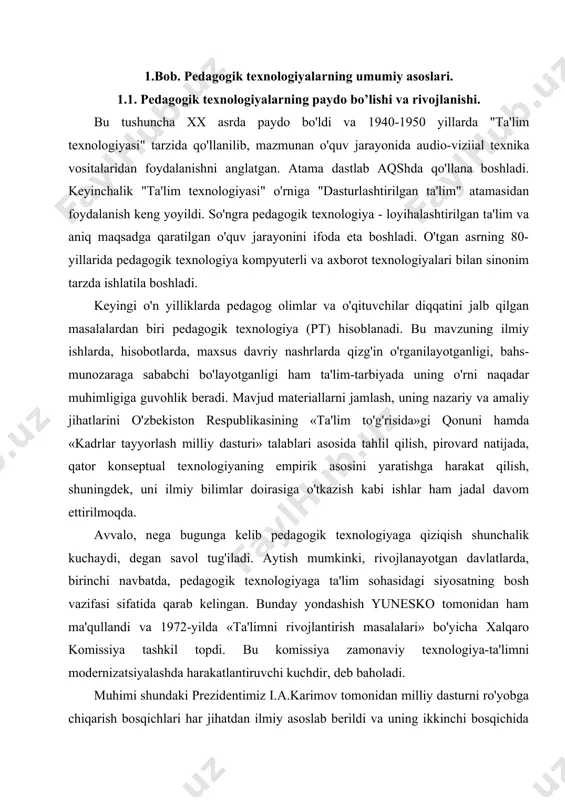 iga ta'sir etish natijasida mahsulot yaratish bo'yicha qilingan mehnat va jarayonlar tushuniladi. demak, bu ta'rifni istalgancha sharhlash mumkin, bunda: pedagogik texnologiya-bu o'qituvchi tomonidan o'qitish vositalari yordamida o'quvchilarga ta'sir ko'rsatish va bu faoliyat mahsuli sifatida ularda muayyan shaxs sifatlarini shakllantirish jarayoni, deb ta'riflasak xato bo'lmaydi. qator yillardan beri, pedagogik texnologiyaga o'quv jarayo​nini texnik vositalar yordamida amalga oshirish, deb qarab kelindi. faqat 70-yillardan boshlab pedagogik adabiyotlarda bu tushuncha yangicha talqin etila boshlandi. texnologiya deganda, subyekt to​monidan obyektga ko'rsatilgan ta'sir natijasida subyektda sifat o'zgarishiga olib keluvchi jarayon tushuniladi. texnologiya har doim zaruriy vositalar va sharoitlardan foydalanib, obyektga yo'naltirilgan maqsadli amallarni muayyan ketma-ketlikda bajarishni ko'zda tutadi. ushbu tushunchalarni o'quv jarayoniga ko'chiradigan bo'lsak. o'qituvchi (pedagog)ning o'qitish vositalari yordamida o'quvchi-talabalarga muayyan sharoitlarda ko'rsatgan tizimli ta'siri natijasida ularda jamiyat uchun zarur bo'lgan va oldindan belgilangan ijtimoiy sifatlarni intensiv tarzda shakllantiruvchi ijtimoiy hodisa, deb ta'riflash mumkin. ta'riflar nazariyasi bo'yicha bunday ijtimoiy hodisani pedagogik texnologiya, desa bo'ladi. mustaqillikka erishgan …