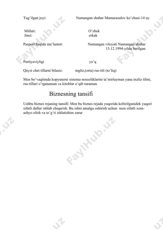 /df, 79 200 tasi esa kich/daftarlar bo’ladi. kelajak rejasini rivojlantirish istiqbollari men bu reja orqali bu yilgi “kichik biznes va xususi tadbirkorlik “yilida 8 ta yangi ish o’rinlarini yarataman va shu ishchilarni oyilalariga moddiy ko’mak berish. shu biznesimning foydasidan turistlik agentligini ochish yana y angi ish o’rinlarini yaratish, g’oyalar asosida ishlash. men o’z intilishlarimdan hech ham toxtamayman. xulosa og`zaki ravishda � embed msgraph.chart.8 ��� _1370483452.