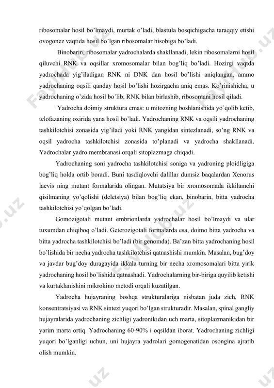 itoplazmanikidan bir yarim marta ortiq. yadrochaning 60-90% i oqsildan iborat. yadrochaning zichligi yuqori bo’lganligi uchun, uni hujayra yadrolari gomogenatidan osongina ajratib olish mumkin. sitokimyoviy tekshirishlar yadrochada kislotali fosfoproteidlar va asosli (giston emas) oqsillar bo’lishini ko’rsatdi. yadrochada rnk ning konsentratsiyasi hujayraning boshqa komponentlarinikidan doimo yuqori bo’ladi. yadrochada rnk ning konsentratsiyasi yadronikidan 2-8 marta, sitoplazmanikidan 1-3 marta yuqori bo’ladi. masalan, sichqonning jigar hujayrasida yadro, yadrocha va sitoplazmadagi rnk nisbati-1:7,3:4,1 ga, oshqozon osti bezi hujayrasida esa–1:9,6:6,6 ga teng. tekshirishlar sitoplazmatik rnk ning yadrochada sintezlanishini tasdiqladi, 70-90% sitoplazmatik rnk ribosomal rnk hisoblanadi. yadrochaning ultrastrukturasi zamonaviy metodlarni qo’llash yadrochaning morfologik tuzilishini uning vazifasiga bog’liq holda o’rganishga imkon berdi. turli hayvon va o’simlik hujayralari yadrochalarini o’rganish ularning to’rsimon yoki tolali tuzilishga egaligini ko’rsatdi. bu strukturalarni diffuziya holdagi ancha zich massa birlashtirgan bo’ladi. tolali strukturalarni maxsus ishlov berilgan preparatlarda yorug’lik mikroskoplarida ham ko’rish mumkin. tolali qismni nukleonema deb, diffuziya holdagi gomogen qismni- amorf qism yoki modda deb …