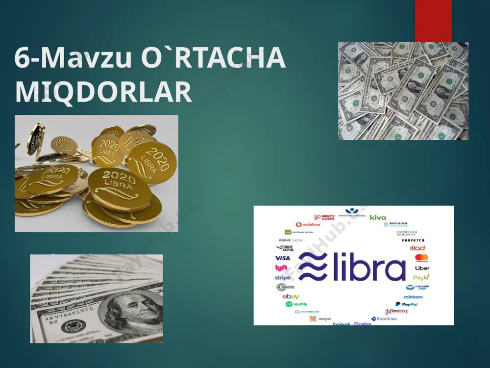 atdan o`xshash bo`lgan guruhlarga ajratish, so`ngra esa guruhlar uchun o`rtachalarni hisoblash yo`li bilan bajariladi. shu yo`sinda hisoblangan guruhlar o`rtachalari umumiy o`rtacha ochib bera olmaydigan tomonlarni ochib beradi. . 6.2 o’rtacha arifmetik miqdorlarning turlari va ularni hisoblash statistikada o`rtacha miqdorlarning turli shakllari mavjud. o`rtacha arifmetik; o`rtachaning eng sodda va amaliyotda juda keng qo`llaniladigan turidir. u oddiy va tortilgan ko`rinishda bo`ladi. o`rtacha xronologik make a big impact with professional slides, charts, infographics and more. o`rtacha geometrik make a big impact with professional slides, charts, infographics and more. o`rtacha kvadratik; make a big impact with professional slides, charts, infographics and more. o`rtacha garmonik make a big impact with professional slides, charts, infographics and more. 7-mavzu variatsiya ko`rsatkichlari asdvasdv reja: 7.1. variatsiya mohiyati va uni o’lchash zaruriyati. 7.2. variatsiya ko`rsatkichlari. 7.3. asimmetriya ko`rsatkichlari va ekssess me`yorlari. 7.1. variatsiya mohiyati va uni o’lchash zaruriyati. statistikaning muhim vazifalaridan biri faqatgina umumlashtiruvchi ko’rsatkichlarni (o’rtachalarni) hisoblash bilan cheklanmasdan, …