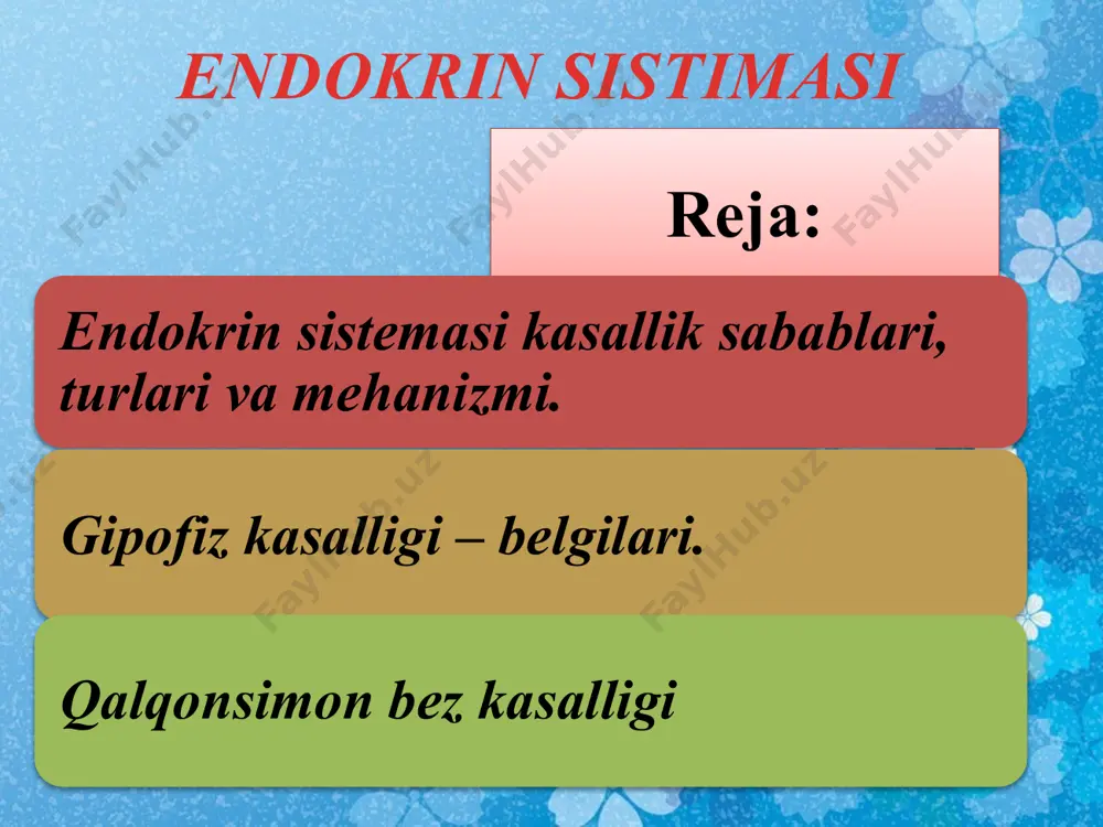 jasida markaziy asab sistemasi faoliya-tining buzilishi qalqonsimon bezning ortiq darajada ish-lashga va tiretoksikoz rivojlanishiga olib keladi. shuning bilan birga qalqonsimon bez faoliyatining susayishi (masalan nasliy gipotireoz) markaziy asab faoliyatining buzilishiga va aqliy pasayishga (tireopriv kretinizm) olib keladi. endokrin buzilishlarining ikkinchi muhim mexanizmiga endokrin sistema ichida o’zaro munosabatining buzilishi, ya'ni endokrin bezlar va ularning gormonlari bog’lanishlarining buzilishi kiradi. endokrin sistemasining normal faoliyati asosida bezlar o’rtasida musbat va manfiy bog’lanishlar yotadi. musbat bog’lanish misoliga qaysidir trop (oziqlantiruvchi) gormoni periferik endokrin beziga nisbatan rag’batlantiruvchi ta'siri, masalan adeno-gipofizning ttg gormoni qalqonsimon bezga ta'sirini (bevosita musbat bog’lanish) ko’rsatish mumkin. manfiy bog’lanish misoliga qalqonsimon bez gormonining, jumladan troksinni adenogipofizga susaytiruvchi ta'siri va ttg ishlab chiqarilishi kamayishini ko’rsatish mumkin (manfiy teskari bog’lanishi). bu bog’lanishlar muhim moslashuv ahamiyatiga ega bo’ladi. masalan, organizmga stress omillar ta'sir etilishida adenogipofiz tomonidan aktg ishlab chiqarilish kuchayadi. endokrin sistemasi faoliyati buzilishilarining uchinchi mexanizmi ichki sekresiya bezlari bilan organlar («nishon organlar») o’rtasidagi bog’lanishining buzilishi …