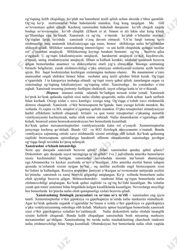 olligini qo‘zg‘atish uchun 100-200 ms davomida spontan xolda paydo bo‘ladi. bu paytda inspirator neyronlar keyingi neyronlar tomonidan ingibiralashtiruvchi ta’sirlardan ozod etiladi. inspiratorli neyronlarning to‘liq tormozlanishi nafas olish markazining preinspirator neyronlarning faollik davriga to‘g‘ri keladi, ya’ni ekspirator neyronlarning faolligi butunlay to‘xtashiga olib keladi. boshlang‘ich razryadli inspirator neyronlar to‘liq inspiratorli neyronlarni faollashtiradi va atrofidagi neyronlarning ko‘zg‘alishiga olib keladi. bunday turdagi neyronlar diafragma va qovurg‘alararo nervlarning faolligini oshiradi, natijada diafragma va qovurg‘alararo mushaklarning qisqarish kuchi oshadi. erta inspirator neyronlar faolligini nafas olish fazasining o‘rtasida tugatadi. respirator siklning bu davrida kechki respirator neyronlar faollashadi, nafas olish fazasining oxirida diafragma va tashqi qovurg‘alararo mushaklar qisqaradi. maksimal chastotali kechki inspirator neyronlarning razryadi boshqa neyronlarning faolligi tugashi davrga to‘g‘ri keladi. nafas olish markazining barcha turdagi inspirator neyronlarning faolligi tugashi postinspirator neyronlarni tormozlaydi, qaysiki nafas chiqarishning birinchi yarmida diafragmaning bo‘shashish darajasini boshqaradi. nafas chiqarishning ikkinchi yarmida yoki faol ekspiratsiya fazasida ritmogenezning inspiratorli va ekspiratorli faolligi mexanizmiga bog‘liq. respirator …