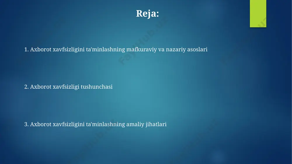 yasi va shaxsiy ma'lumotlar sirini saqlash tamoyillarini belgilaydi. axborot xavfsizligi tushunchasi axborot xavfsizligi tushunchasi, iso 27001 kabi xalqaro standartlar va nist cybersecurity framework kabi ramkalar bilan rasmiylashtirilgan bo'lib, xavflarni boshqarish va ularga qarshi kurashish usullarini belgilaydi. axborot xavfsizligini ta'minlashning 5 ta asosiy tamoyili mavjud: siyosatlar, texnologiyalar, jarayonlar, odamlar va fizika. ularning barchasi muvozanatli bo'lishi kerak. axborot xavfsizligini ta'minlash texnologiyalari tarmoq xavfsizligi devorlari (firewall) kiruvchi va chiquvchi tarmoq trafikini 3-7 qatlamli modellar asosida nazorat qilib, ruxsatsiz kirishlardan himoya qiladi. axborot xavfsizligini ta'minlashda 256-bitli aes shifrlash algoritmi keng qo‘llaniladi, bu esa ma'lumotlarni yuqori darajada himoya qilishni ta'minlaydi. axborot xavfsizligini ta'minlashning mafkuraviy asoslari axborot xavfsizligini ta'minlashning mafkuraviy asoslari milliy manfaatlarni himoya qilish, 5 ta asosiy tamoyilga asoslangan holda, davlatning suvereniteti va aholining huquqlarini ta'minlashga qaratilgan. davlat organlari faoliyatining shaffofligi va hisobot beruvchanligi, fuqarolarning axborotdan foydalanish huquqini himoya qilish kabi 3 ta muhim omil axborot xavfsizligining mafkuraviy poydevorini tashkil etadi. axborot xavfsizligi voqealariga javob …