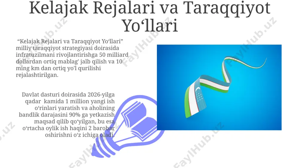 iga sezilarli hissa qo'shdi. dastlabki yillar va iqtisodiy islohotlar davlat mulkining xususiylashtirilishi jarayoni 1990-yillarning o'rtalarida tezlashdi va bu jarayon davomida minglab korxonalar xususiylashtirildi, ammo bu jarayon tengsiz taqsimlanishi bilan ham ajralib turdi. 1991-yildan 1995-yilgacha bo'lgan davrda o'zbekiston yalpi ichki mahsulotining (yaim) pasayishi kuzatildi, ammo iqtisodiy islohotlarning boshlanishi inflyatsiyani nazorat qilishga va makroiqtisodiy barqarorlikka erishishga yordam berdi. qishloq xujaligi va suv resurslari qishloq xoʻjaligida paxta yetishtirish hajmi 1990-yillardagi 3,5 million tonnadan 2020-yillarga kelib 1,5 million tonnagacha kamaydi, bu suv resurslarini samarali boshqarishga o'tish bilan bog'liq. uzbekistanning suv resurslari potensialining 70% dan ortig'i qishloq xoʻjaligida ishlatiladi, bu esa suvni tejaydigan texnologiyalarni joriy etishning dolzarbligini ta'kidlaydi. siyosiy islohotlar va davlat qurilishi 01 02 o'zbekiston konstitutsiyasi 1992 yilda qabul qilinib, davlatning suverenligini, huquqiy demokratik davlat va fuqarolik jamiyatini qurish yo'lini belgilab berdi. sales 1st qtr 2nd qtr 100 0 sales 1st qtr 2nd qtr 100 0 e'tiboringiz uchun rahmat @taqdimot_robot image4.jpg image5.jpg image6.jpg image7.jpg …