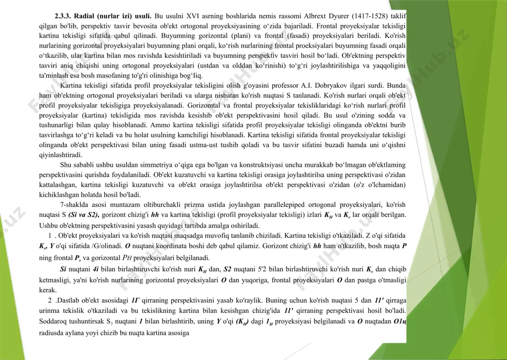 attalashgan, kartina tekisligi kuzatuvchi va ob'ekt orasiga joylashtirilsa ob'ekt perspektivasi o'zidan (o'z o'lchamidan) kichiklashgan holatda hosil bo'iadi. 7-shaklda asosi muntazam oltiburchakli prizma ustida joylashgan parallelepiped ortogonal proyeksiyalari, ko'rish nuqtasi s (si va s2), gorizont chizig'i hh va kartina tekisligi (profil proyeksiyalar tekisligi) izlari kh va kv lar orqali berilgan. ushbu ob'ektning perspektivasini yasash quyidagi tartibda amalga oshiriladi. 1 . ob'ekt proyeksiyalari va ko'rish nuqtasi maqsadga muvofiq tanlanib chiziladi. kartina tekisligi o'tkaziladi. z o'qi sifatida kv, y o'qi sifatida /g/olinadi. о nuqtani koordinata boshi deb qabul qilamiz. gorizont chizig'i hh ham o'tkazilib, bosh nuqta p ning frontal pv va gorizontal ph proyeksiyalari belgilanadi. si nuqtani 4i bilan birlashtiruvchi ko'rish nuri kh dan, s2 nuqtani 5'2 bilan birlashtiruvchi ko'rish nuri kv dan chiqib ketmasligi, ya'ni ko'rish nurlarining gorizontal proyeksiyalari о dan yuqoriga, frontal proyeksiyalari о dan pastga o'tmasligi kerak. 2 .dastlab ob'ekt asosidagi 1г qirraning perspektivasini yasab ko'raylik. buning uchun ko'rish nuqtasi …