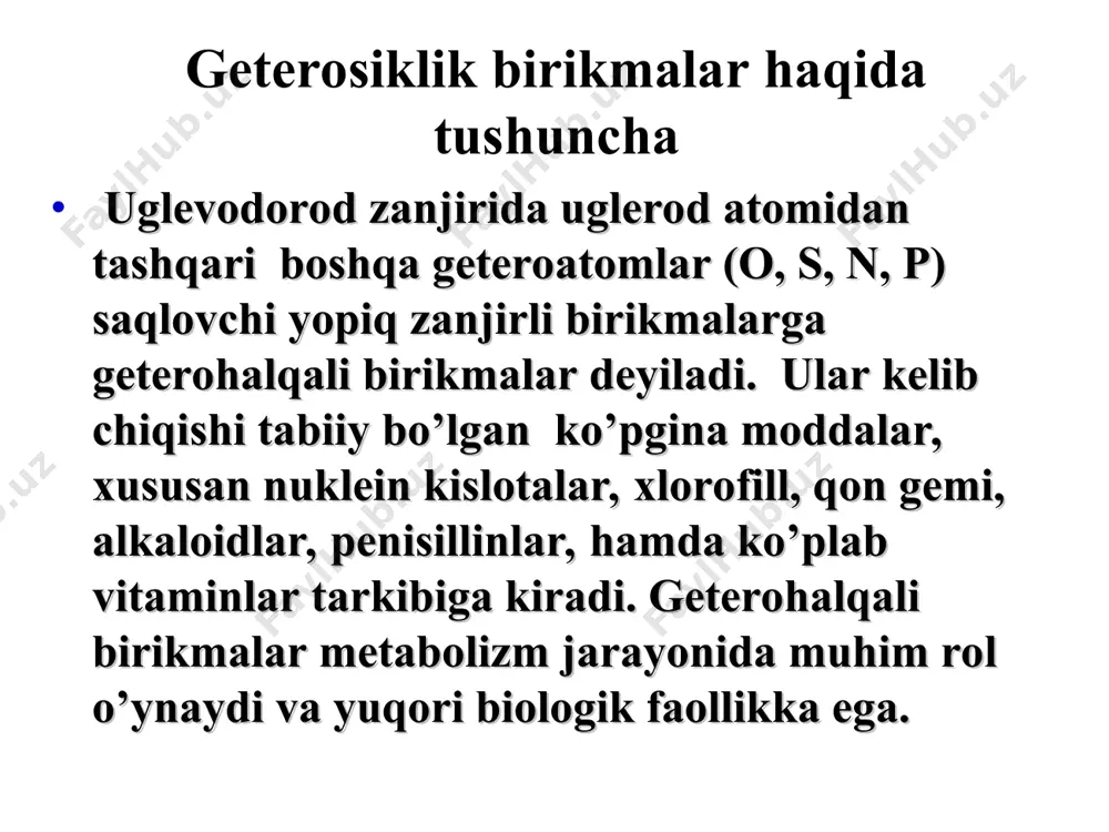 h ch3 n h о о n-h тimin yoki 5-metil-2,4-dioksopirimidin (5-metiluratsil) sitozin yoki 2-okso-4- аmino pirimidin uratsil yoki 2,4-dioksopirimidin pirimidin hosilalarida laktam-laktim tautomeriya n h о о n-h uratsil yoki 2,4-digidroksipirimidin laktam laktim laktim он он n n n h о он n barbiturat kislotaning olinishi barbitur kislotaning hosilalari 2,4,6-trioksopirimidin barbitur kislota n н о о оna n с2н5 с2н5 fenobarbital na-barbital (barbamil) dietilbarbiturat (barbital) n н н о о о n n н н о о о n с2н5 с2н5 n н н о о о n с2н5 с6н5 oksopurinlar тeofillin тeobromin кofein n – 2,6,8-trioksopurin (siydik kislota) siydik kislota organizmda azot saqlovchi birikmalar bo’lib, modda almashinuvining oxirgi mahsulotidir.u suvda yomon eriydigan kristall modda,lekin unung tuzlari suvda yaxshi eriydi va organizmdan siydik orqali chiqib ketadi. n сн3 – n n n – o h o сh3 n сн3 – n n o сh3 o сh3 n n n n …