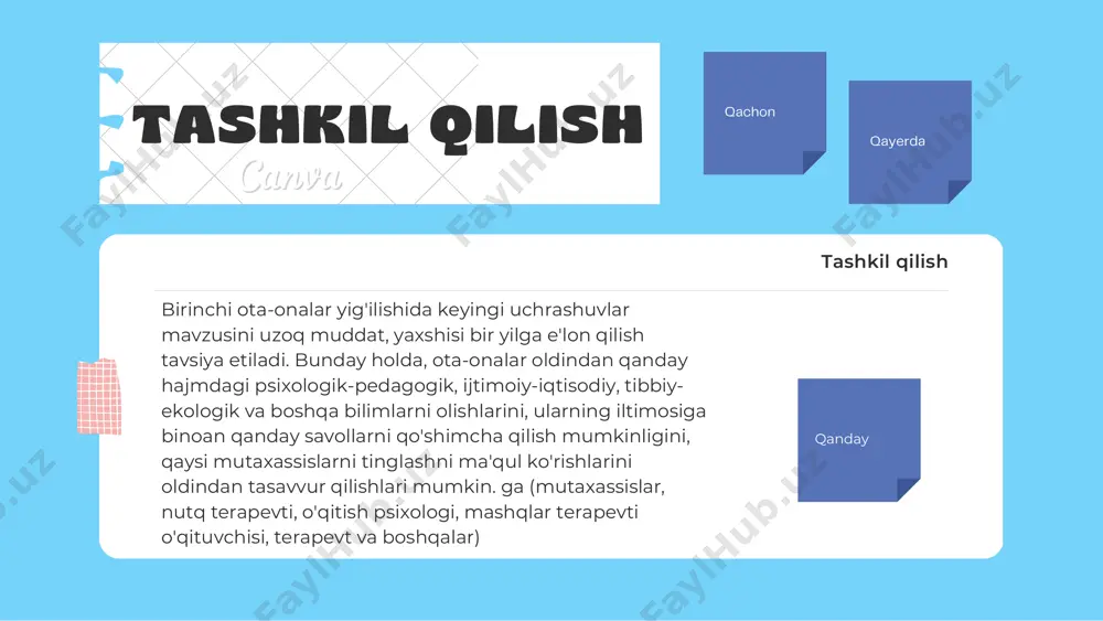 i bo'lgan vaziyatlarda o'zini tutishi haqidagi kuzatuvlari bilan o'rtoqlashadi. suhbat mavzusi munosabatlar, nutq, bolalarning tashqi ko'rinishi va boshqa masalalar bo'lishi mumkin. shubhasiz, ota-onalar bolalar bog'chasining vazifasini birinchi ijtimoiylashuv instituti sifatida tushunishlari kerak, bunda bola boshqa bolalar va kattalar bilan o'zaro munosabatda bo'lish tajribasini oladi. haddan tashqari nozik bo'lish kerakligini, ma'lum bir bolani va hatto undan ham ko'proq ota-onani salbiy baholashdan saqlanish kerakligini eslatish kerak emas. uchrashuvning ushbu qismini "bolalarning gunohlari" ro'yxatiga aylantirmang. psixologik pedagogik uchrashuv.shuni esda tutish kerakki, ota-onalarning psixologik-pedagogik kompetentsiyasi darajasini oshirish vazifasi eng muhim vazifalardan biridir. ota-onalarga pedagogik adabiyotdagi so'nggi yangiliklar, qiziqarli ko'rgazmalar, filmlar va hk. haqida ma'lumot berish yomon emas. tashkiliy masalalarni muhokama qilish ikki qismdan iborat: amalga oshirilgan ishlar to'g'risida hisobot va kelgusi ishlar haqida ma'lumot: eng yaxshi narsa, moliyaviy muammolarni ota-onalar qo'mitasi bilan oldindan muhokama qilishdir. ota-onalar bilan shaxsiy suhbatlar. ushbu bosqichda birinchi o'rinda tarbiya va rivojlanish muammolari bo'lgan bolalarning ota-onalariga e'tibor qaratish lozim. qiyinchilik …