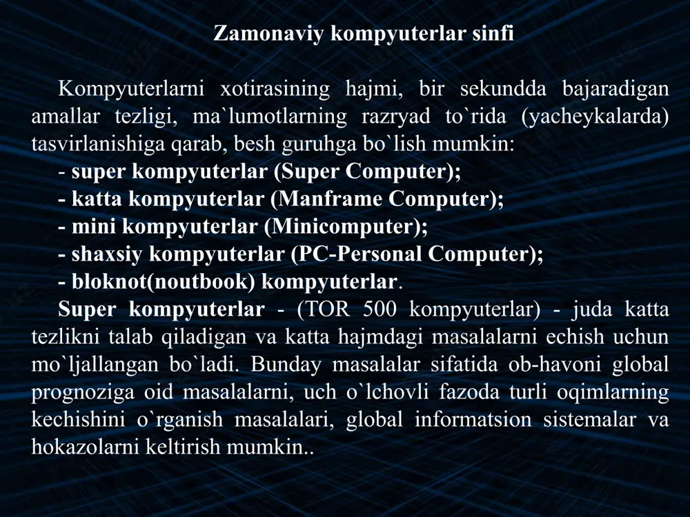 ) vax, sun turkumli kompyuterlar, ibm 4381, hewlett packard firmasining hp 9000 va boshqalar minikompyuterga misol bo`la oladi. shaxsiy kompyuterlar hozirda korxonalar, muassasalar, oliy o`quv yurtlarida keng tarqalgan bo`lib, ularning aksariyati ibm rusimiga mos kompyuterlardir. ibm rusimiga mos kompyuterlar deganda, ularning turli kompaniyalar ishlab chiqarilishiga qaramay ham texnik, ham programma ta`minoti mosligi, ya`ni bir-biriga to`g`ri kelishi nazarda tutiladi. bunday kompyuterlar hajmi jihatidan kichik (bir stol ustiga joylashadi), amal bajarish tezligi, masalan pentium-3 mmx protsessori o`rnatilgan kompyuterlarida, hozirgi kunda 750-1000 megagertsni, xotira hajmi esa, 64-128 megabaytni tashkil qiladi. bu ko`rsatgichlar o`ta tez o`zgarib, har ikki yilda kompyuterlar imkoniyati ikki baravar oshishi, ularning narxi esa shunchaga arzonlashishi tendentsiyasini kuzatilmoqda. bugungi kunda pentium iv kompyuterlari ham jahon bozorida keng tarqalmoqda. ibm pc moslik kompyuterlarini kompyuterlarini yuzlab firmalar ishlab chiqarmoqda. bular ibm, compaq, hewlett-packard, packard bell, toshiba, apple, siemens nixdors, acer, olivetti, gateway, sun va boshqa firmalardir. shuni aytish joizki, yuqorida nomlari zikr etilgan …