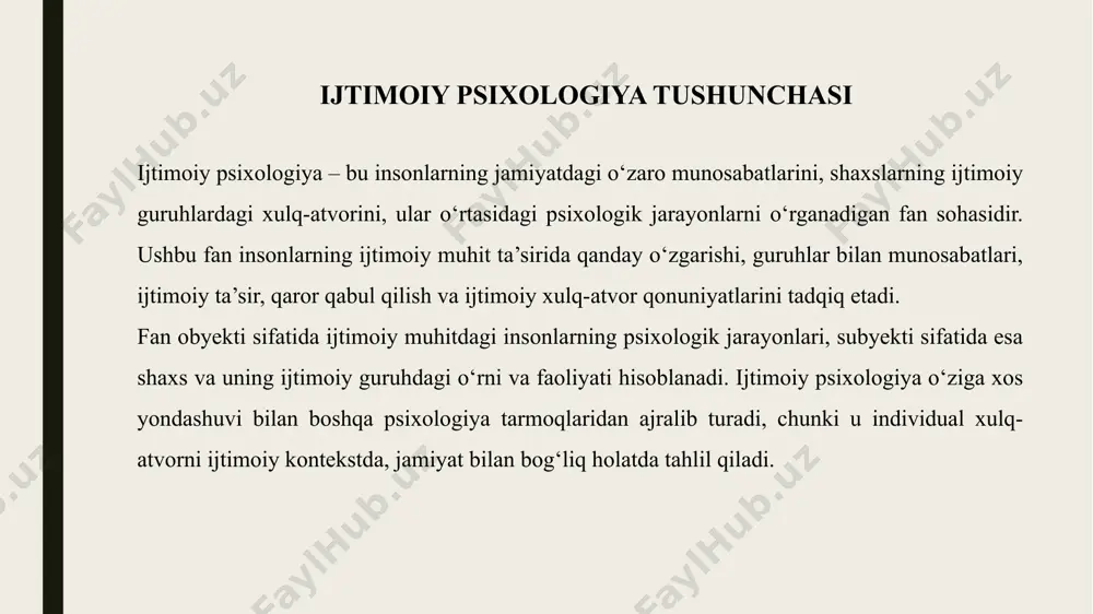 akatlar orqali ifodalanadi. uning fikricha, insonning ichki holatini bevosita bilib bo‘lmasa-da, tashqi xatti-harakatlar – nutq, mimika, tovush va boshqa reflekslar orqali anglash mumkin. bekhterev tashqi xulq-atvorni o‘rganish orqali shaxs psixologiyasini tahlil qilish mumkin deb hisoblagan. u reflekslarni jamiyat va shaxs o‘rtasidagi bog‘liqlikda ko‘rgan va psixik faoliyatni fiziologik asoslar bilan tushuntirishga harakat qilgan. bu yondashuv ijtimoiy psixologiyaning dastlabki bosqichlarida muhim ilmiy asos bo‘lib xizmat qilgan. bekhterevning salohiyatli yondashuvi. v.m. bekhterev inson psixikasini o‘rganishda tashqi xulq-atvorni asosiy manba sifatida ko‘rgan. uningcha, insonning ongli va ongsiz holatlari, hissiyotlari va ruhiy kechinmalari to‘g‘ridan-to‘g‘ri emas, balki ular tashqi harakatlar orqali ifodalanadi. ayniqsa, nutq, tovush ohanglari, yuz ifodalari, imo-ishoralar, yurish-turish kabi tashqi belgilar shaxsning ichki dunyosiga oid muhim ma’lumotlarni beradi. bekhterev shaxsni tahlil qilishda verbal va neverbal signallarni, ya’ni odamning gapirish uslubi, tovushdagi o‘zgarishlar va tana harakatlarini ilmiy kuzatuv asosida o‘rganishga katta e’tibor bergan. u bu signallar orqali insonning kayfiyati, niyati, ehtiyojlari va hatto ongsiz holatlari …