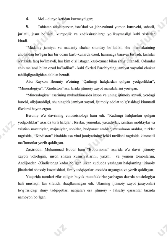 susiyatlarini, yaxshi va yomon tomonlarini, andijondan -xindistonga kadar bo’lgan ulkan xududda yashagan halqlarning ijtimoiy jihatlarini shaxsiy kuzatishlari, ilmiy tadqiqotlari asosida urgangan va yozib qoldirgan. yuqorida nomlari zikr etilgan buyuk mutafakkirlar yashagan davrda sotsiologiya hali mustaqil fan sifatida shaqllanmagan edi. ularning ijtimoiy xayot jarayonlari to’g’risidagi ilmiy tadqiqotlari natijalari esa ijtimoiy - falsafiy qarashlar tarzida namoyon bo’lgan. xix - asr oxiri xx - asrning boshlarida sotsiologiyaning shaqllanishi va rivojlantirilishi (o. kont, g. spenser, e. dyurkgeym, m. veber va boshqalar) o. kont tomonidan 1839-yilda “pozitiv falsafa kursi” asarining uchinchi tomi nashr etilganligi natijasida birinchi marotaba u jamiyatni ilmiy asosda o’rganish sifatida sotsiologiya terminini qo’llaydi va bu sotsiologiyaning shaqllanishi va rivojlanishiga olib keldi. o.kont tomonidan ta’riflangan insonning intelektual rivojlanishining uchta izchillik bosqichi: teologiyaga oid, metafizik va pozitivik haqidagi qonuni ushbu savolga javob berish uchun imkon beradi. birinchi, teologik bosqichda insonning gayritabiiy tushunchasi diniy tasavvurlar asosiga kurigan. ikkinchi, metafizik bosqichda inson gayritabiiy kuchdan voz kechib, …
