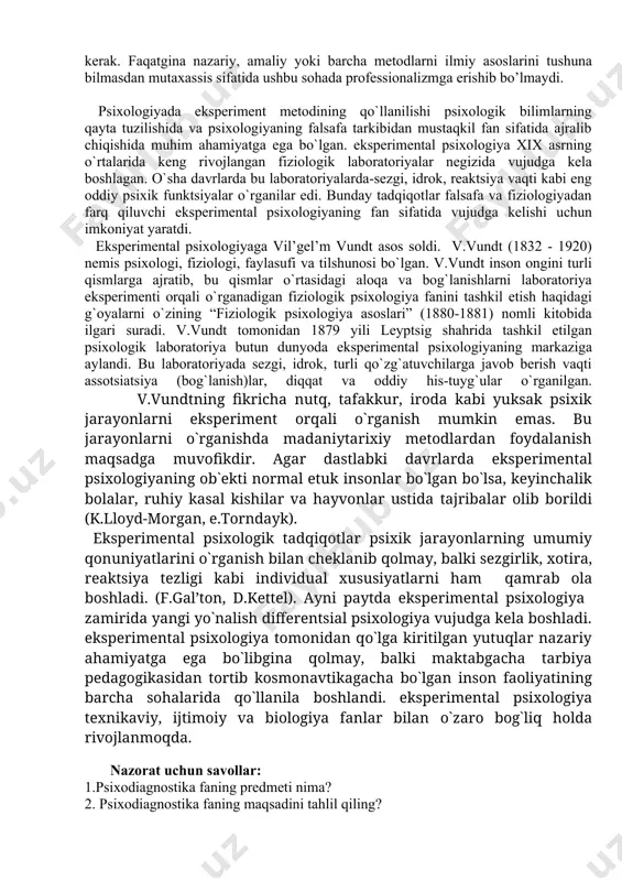 higa sabab bo’ladi. haqiqatdan ham amaliy psixologlarni malakali mutaxassis etib tayyorlash ahamiyatga molik omildir. shunday qilib, diagnostika yorqin namoyon bo’luvchi individulpsixologik, psixofiziologik xususiyatlar asosida olingan ma’lumotlarni taqqoslash bilan alohida kishi yoki ma’lum shaxslar guruhi borasida xulosa chiqarish demakdir. 7 ko’rsatkichlarda namoyon bo’lishi darajasini o’rganish; zarur bo’lgan holdagina shaxsning tashxis qilinayotgan xulq-atvoridagi psixologik xususiyatlarini ochib berish; o’rganilayotgan xususiyatlarning shakllanganlik darajasini taqqosiy ishlanmasini yaratish. amaliy psixodiagnostikada sanab o’tilgan vazifalarning har biri alohida yoki kompleks tarzda olib borilayotgan tadqiqot maqsadiga muvofiq amalga oshiriladi. demak, psixodiagnostika psixologdan professional faoliyati jarayonida maxsus tayyorgarlik talab qiluvchi murakkab sohadir. psixolog (tashxischi) egallashi kerak bo’lgan bilim, ko’nikma va malakalar shunchalik keng va murakkabki, uning o’zlashtirilishi bilan psixodiagnostikani professional psixolog faoliyatining negizi sifatida e’tirof etilishiga sabab bo’ladi. haqiqatdan ham amaliy psixologlarni malakali mutaxassis etib tayyorlash ahamiyatga molik omildir. ilmiy va amaliy psixodiagnostikaning asosiy masalalari. psixologiya fanida “psixologik tashxis qo’yish” so’zining ikki xil tushunchasi mavjud. birinchisi, “psixodiagnostika” – amaliyotda turli …