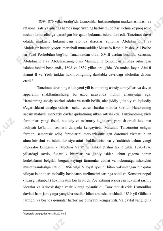 i. 1864 yilgi viloyat qonuni bilan yakunlangan bir qator viloyat islohotlari mahalliy boshqaruv tuzilmasini tartibga soldi va konstantinopol (hozirgi istanbul ) hokimiyatini kuchaytirdi. poytaxtning o'zida esa hukumat rasmiy idoralar va ixtisoslashgan vazirliklarga aylantirildi. tanzimot davrida usmonlilar davlati ham jamiyatga yangicha usullar bilan aralasha boshladi. 1839 yil gülhane farmoni va boshqa qonunlar harbiy majburiyatni kengaytirdi. va davlat yangi elita dunyoviy maktablarni tashkil etdi. 1869-yilgi davlat ta'limi to'g'risidagi nizom siyosatni amalga oshirish uchun zarur bo'lgan ko'nikmalar bilan jihozlangan hukumatning har bir darajasida byurokratlar va harbiy ofitserlarni tayyorlashga mo'ljallangan imperiya bo'ylab maktab tizimini joriy qildi.[footnoteref:4] [4: roderic, h. davison (1990). usmonli va turk tarixidagi insholar, 1774-1923. texas unversiteti. 115–116-betlar] ammo tanzimot faqat ma'muriy islohotlar loyihasi emas edi. uning tartib va ​​adolat maqsadlari ko'pincha boshqa, yaqinroq maqsadlarga yordamchi bo'lgan. 1839 yilgi gülhane farmoni usmonlilar 1832 yilda misr tomonidan bosib olingan hududlarni qaytarib olish uchun kurashayotgan paytda chiqarilgan. gretsiya 1839 yilda mustaqillikka erishgan edi va …