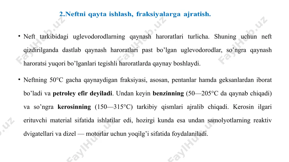 igini oshirish, ya’ni oktan soni katta bo’lgan ѐqilg’ilar olish uchun ular tarkibidagi uglevodorodlar izomerlanadi va aromatlanadi ѐki benzinlarga antidetonatorlao qo’shiladi e’tiboringiz uchun raxmat! image1.png image2.png image3.png image4.png image5.png image6.png image7.png image8.png image9.png image10.png image11.png image12.png image13.png image14.png image15.jpeg image16.emf image17.jpeg image18.jpeg важнейшие продукты, получаемые при переработке нефти синтетический азотные аммиак удобрения разные непредельные углеводороды искусственное созревание плодов ароматические углеводороды винный спирт синтетический каучук растворители взрывчатые вещества взрывчатые вещества растворители пластмассы красители сахарин /docprops/thumbnail.jpeg