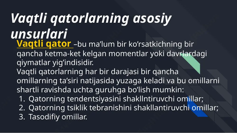 jalarini vaqtga bog’liqligi grafigini qurish va uni tahlil qilish, dinamikaning ayrim asosiy ko’rsatkichlarini hisoblash usullarini kiritish mumkin. tendentsiya turlarini aniqlashda qator darajalarining avtokorrelyatsiya koeffitsientlarini qo’llash mumkin. tendentsiya turi berilgan va qayta tuzilgan qatorlar darajalari bo’yicha hisoblangan birinchi tartibli avtokorrelyatsiya koeffitsientlarini solishtirish yo’li bilan aniqlanadi. agar vaqtli qator chiziqli tendentsiyaga ega bo’lsa, yonma-yon darajalar yt va y t-1 larning korrelyatsiyasi yuqori bo’ladi. bunday holatda berilgan vaqtli qatorning birinchi tartibli avtokorrelyatsiya koeffitsienti yuqori bo’lishi kerak. mavsumiy va siklik tebranishlarni modellashtirish vaqtli qatorning additiv va multiplikativ modeli. mavsumiy yoki tsiklik tebranishga ega bo’lgan vaqtli qatorlar strukturasini tahlil qilishga bir qancha yondoshuvlar mavjud.eng sodda yondoshuv – bu mavsumiy komponentalar qiymatini sirg’anchiq o’rtacha usuli bilan hisoblash va vaqtli qatorning additiv yoki multiplikativ modelini tuzishdan iborat.additiv model quyidagi umumiy ko’rinishga ega: y=t+s+e bu modelda davriy qatorning har bir darajasi trend(t), mavsumiy(s) va tasodifiy(e) komponentalar yig’indisidan tashkil topadi deb qaraladi. multiplikativ model quyidagi umumiy ko’rinishga ega: y=txsxe …