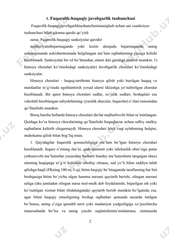 ’li bilan raddiya talab qilishga haqli (fkning 100-m, 1-q), bitim haqiqiy bo’lmaganida taraflarning har biri boshqasiga bitim bo’yicha olgan hamma narsani qaytarib berishi, olingan narsani asliga (shu jumladan olingan narsa mol-mulk deb foydalanishi, bajarilgan ish yoki ko’rsatilgan xizmat bilan ifodalanganda) qaytarib berish mumkin bo’lganida esa, agar bitim haqiqiy emasligining boshqa oqibatlari qonunda nazarda tutilgan bo’lmasa, uning o’ziga qarashli tarix yoki madaniyat yodgorligiga xo’jasizlarcha munosabatda bo’lsa va uning yaxshi saqlanishinita’minlamasa, zimmasida yodgorliklarni saqlash vazifasi bo’lgandavlat organlari mulkdorlarni yodgorlikka xo’jasizlarcha munosabatda bo’lishini to’xtatish haqida ogohlantiradilar. agar mulkdor ushbu talabni bajarmasa, tegishli organlarning da’vosiga ko’ra sud yodgorlik davlat mulki bo’lishi haqida qaror chiqarishi mumkin. bu yodgorlik davlat mulkiga o’tadi. olib qo’yilgan tarix va madaniyat yodgorligining qiymati mulkdorga kelishuvda belgilanmagan, nizo chiqqan taqdirda esa sud tomonidn belgilangan miqdorda to’lanadi (fkning 190-m.) va boshqalarni aytish mumkin. fuqarolik huquqi nazariyasida fuqarolik-huquqiy javobgarlikka nisbatan bir qator ta’riflar ishlab chiqilgan: javobgarlik shartnoma nufuzini oshiradi, turli ta’sir choralari yordamida …