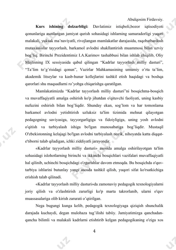 rtlarida bo‘lajak mutaxassis egallashi ko‘zda tutilgan bilimlarni chuqur va atrоflicha bayon qilinishi hamda o‘rgatilishiga alоhida ahamiyat berish “milliy dastur”da ko‘zda tutilgan asosiy maqsadni amalga оshirish bo‘yicha katta natija beradi. shunday ekan, har jabhada muvaffaqiyatga erishish, jumladan yuqоri malakali kadrlar tayyorlashda milliy dasturni o’rni va ahamiyati beqiyosdir. kurs ishining maqsadi: dars davomida o’quvchi va talabalarga mavzuni zamonaviy pedagogik texnalogiyalar orqali tushuntirish va bu orqali ta’lim sifatini oshirish. kurs ishining ob’ekti: oliy va o’rta ta’lim muassasalarida matematikani o’qitish jarayoni. kurs ishining predmeti: matematikani o’qitishda pedagogik texnalogiyalar,interfaol usullardan foydalanish. kurs ishining vazifalari: 1. mavzuga doir ma’lumotlarni yig’ish va rejani shakllantirish; 2.ta’lim sifati va samaradorligini yaxshilash orqali o`quvchilarni fanga qiziqtirish; 3. mavzu bo`yicha bugungi kun talabiga mos keluvchi dars jarayonini yaratish; 4. matematika ta’limi sifatini oshiruvchi ped-texnalogiyar haqida ma`lumot berish; 6. kurs ishini jihozlab, uni himoyaga tayyor qilish hоzirgi bоsqichda ta’limning asosiy vazifasi o’quv- tarbiya jarayonini takоmillashtirish asosida har tоmоnlama yetuk, kelajak kishisini tarbiyalash, …