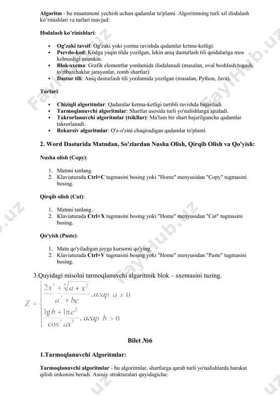 erator: qisqa shart ifodasi. · misol: plaintext y = (x > 0) ? 2 : 3; 2. word dasturida hujjatlarni fayl ko‘rinishida saqlash usullari: hujjatni saqlash: 1. saqlash (save): · "file" menyusidan "save" yoki "save as" tanlang. · fayl nomini kiriting va saqlamoqchi bo'lgan joyni tanlang. · saqlash formatini tanlang (masalan, .docx yoki .pdf). · "save" tugmasini bosing. hujjatni yopish: 1. "file" menyusidan "close" tanlang. 2. agar hujjatni saqlamagan bo'lsangiz, saqlashni taklif qiladi. word dasturidan chiqish: 1. "file" menyusidan "exit" tanlang. 2. agar ochiq hujjatlar bo'lsa va saqlanmagan bo'lsa, saqlashni taklif qiladi. quyidagi misolni tarmoqlanuvchi algaritmik blok – sxemasini tuzing. bilet №7 1.takrorlanuvchi algoritmlar: takrorlanuvchi algoritmlar - bu algoritmlar, bir shart bajarilguncha yoki ma'lum bir miqdordagi qadamlarni bajaradi. ular sikl (loop) yordamida ifodalanadi. ifodalash usullari: · for tsikli: oldindan belgilangan takrorlanish soni bo'yicha ishlaydi. · misol: python for i in range(10): print(i) · while tsikli: ma'lum bir shart bajarilgunga qadar …