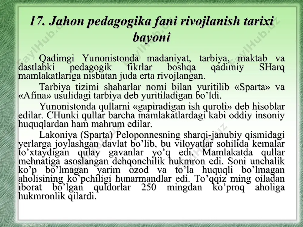 ) va jinsiy balog’at davrining boshlanishidan 21 yoshgacha bo’lgan davr. uning fikricha, bunday da^vrlarga bo’lish tabiatga mos bo’lib tushadi. arastuning qarashlari antik pedagogikaning taraqqiyotiga katta ta’sir o’tkazdi. ayniqsa uning «nikomah etikasi» va «siyosat» asarlari axloq masalalarini nazariy ishlab chiqishga bag’ishlandi. arastu, axloqning jamiyat hayotida muhim ahamiyatga ega ekanligini ta’kidlab, «tabiat inson qo’liga qurol — aqliy va axloqiy kuch bergan, ammo u shu qurolni teskari tomonga nisbatan ham ishlatishi mumkin: shu sababli axloqiy tayanchlari: bo’lmagan odam eng insofsiz va yovvoyi, o’zining jinsiy va did mayllarida eng tuban mavjudot bo’lib qoladi»,— deydi. o’rta asrlarda katta kuchga ega bo’lgan katolik ruhoniylari barcha imkoniyatlardan foydalanib, ma’rifatga qarshi qattiq kurash olib bordilar. din haqiqatning birdan-bir manbai hisoblanib, fan dinga xizmat qildirilar edi. natijada fan sohasida ijodiy fikrning o’sishiga qattiq to’sqinlik qilindi. chinakam ilmiy bir fikrni aytishga jur’at qilgan har bir kishi shafqatsiz ravishda qattiq jazoga tortilar, jallodlar qo’liga berilar edi. usha davrda hamma ta’lim-tarbiya ishlari …