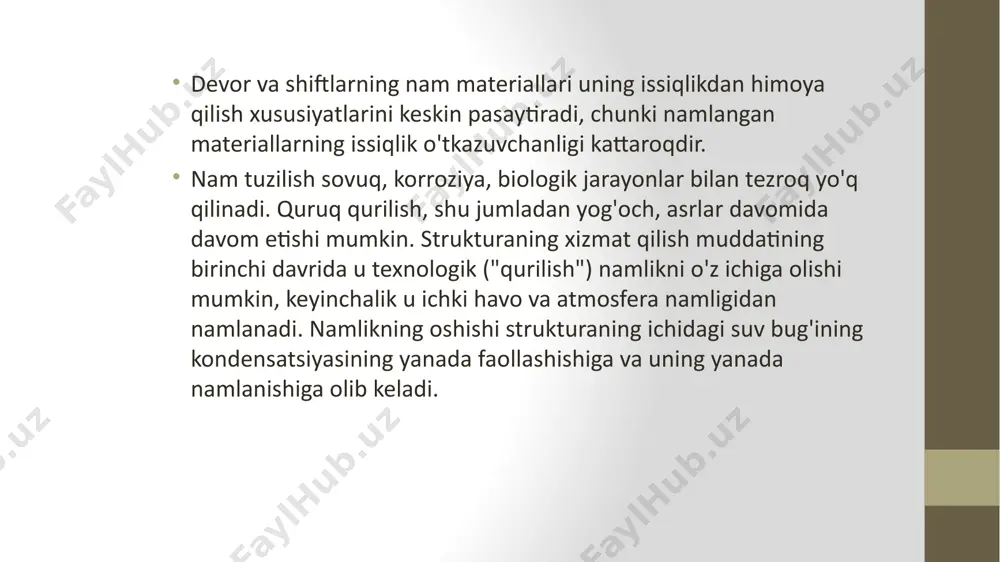 illyar kondensatsiya). shu bilan birga, materialning namligi keskin oshadi. eng yuqori sorbsion namlik: - yog'och uchun 30-35% gacha; - uyali beton uchun mos ravishda 10 - 15%; - engil beton uchun 5-6%; - yaxshi pishirilgan g'isht va keramika uchun 0,5-5%; - asfalt, bitum uchun 0,2-2%. materialning sorbsion xususiyatlari havo-quruq materialni to'liq sorbsiya to'yinganligi uchun namlash uchun zarur bo'lgan namlik miqdorini aniqlaydi, bu ko'pincha strukturaning namlik miqdorining ruxsat etilgan yuqori chegarasi bo'lib, unga erishgandan so'ng strukturaning issiqlikdan himoya qilish xususiyatlari. har qanday talablarga javob berishni to'xtatadi. quritish jarayonining kinetikasi deganda vaqt o'tishi bilan quritilgan tananing hajmiga nisbatan o'rtacha namlik va haroratning o'zgarishi tushuniladi. nam materialni quritish kinetikasi quritish agentining optimal parametrlarini (harorat, bosim, namlik), quritish moslamasining dizayni va asosiy o'lchamlarini tanlashni aniqlaydi. kinetikani batafsil o'rganish eng kam energiya sarfi bilan quritish jarayonini tashkil qilish va yuqori sifatli mahsulotni olish imkonini beradi. quritish odatdagi issiqlik va massa uzatish jarayoni bo'lganligi sababli, uning …
