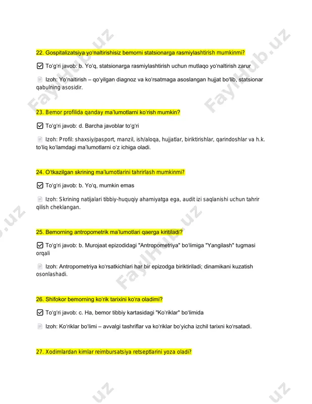 ishi uchun nima qilish kerak? ✅ to‘g‘ri javob: b. murojaat epizodida o00–o99 guruhidan (homiladorlik, tug‘ish va tug‘ishdan keyingi davr) diagnoz tanlash izoh: homiladorlik bilan bog‘liq mkb-10 (icd-10) kodlari (o00–o99) tanlanganda tizim tegishli homiladorlik epizodini avtomatik yaratadi. bu obstetrik kuzatuvni izchil yuritish uchun ishlatiladi. 32. biksni qayta sterilizatsiyaga yuborish mumkinmi? ✅ to‘g‘ri javob: a. ha, mumkin izoh: biks (sterilizatsiya konteyneri) qayta ishlovdan so‘ng yana sterilizatsiyaga yuborilishi mumkin. tizimda har bir sikl bo‘yicha qayd va nazorat yuritiladi. 33. bemorga qanday sog‘liq guruhlarini ko‘rsatish mumkin? ✅ to‘g‘ri javob: c. i–ii–iii–iv guruhlar izoh: dmedda sog‘liq guruhlari toifalash tizimi kengaytirilgan (i–iv), bu profilaktik kuzatuv va dispanserizatsiya rejalarini to‘g‘ri belgilashga xizmat qiladi. 34. tizimga yangi foydalanuvchi qanday qo‘shiladi? ✅ to‘g‘ri javob: c. foydalanuvchilar/xodimlar bo‘limida izoh: yangi xodimni qo‘shish va unga rol/bo‘lim biriktirish “foydalanuvchilar → xodimlar” bo‘limida amalga oshiriladi. buxgalteriya bo‘limi orqali emas. 35. bitta xodimga bir nechta rolni biriktirish mumkinmi? ✅ to‘g‘ri javob: a. ha izoh: …
