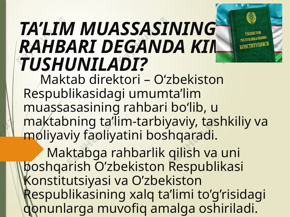 o'lishga undash. 5. o'qimishlilik va inovatsion fikrlash: -yangi texnologiyalar va ta'limdagi zamonaviy usullarni o'rganish va tadbiq etish. -hayot davomida o'rganishga tayyorlik. 6. muloqot qobiliyati: - o'qituvchiliar, talabalar va ota-onalar bilan samarali aloqani yo'lga qo'yish. -konfliktlarni hal qilishda murosasozlik va diplomatik yondashuv. -og'ir vaziyatlarda xotirjamlikini saqlash va samarali yechimlar topish. boshqaruv — bu tizimni shakllantirish va rivojlantirish maqsadida uni sifatini ta'minlash, tartibga solish uchun ta’sir etishdir. zamonaviy menejment asoschisi piter druker ko'p yillik kuzatishlar asosida paradoksal xulosaga keldi: ,,kuchli mutaxassislar",o’z sohasining zo'r mutaxassislari kamdan-kam hollarda yaxshi rahbar bo'lishadi. ta’lim muassasasining boshqaruvi quyidagi vazifalarni hal qilishga yo’naltiriladi: ta’lim va tarbiya jarayonini pedgagogik tahlil qilish maqsad qo’yish ,rejalashtirish va tashkil etish maktab ichki boshqaruvini nazorat qilish va tartibga solish tarbiyaviy ishlar o‘quvchilarning ma’naviy va axloqiy tarbiyasini tashkil etish, intizom qoidalarini ishlab chiqish va nazorat qilish. rahbarning qanday fazilatlarga ega bo’lishi kerakligi haqidagi savolga javob rivojlanish jarayonida sezilarli evolyutsiyani boshdan kechirdi boshqaruv nazariyasiga oid …