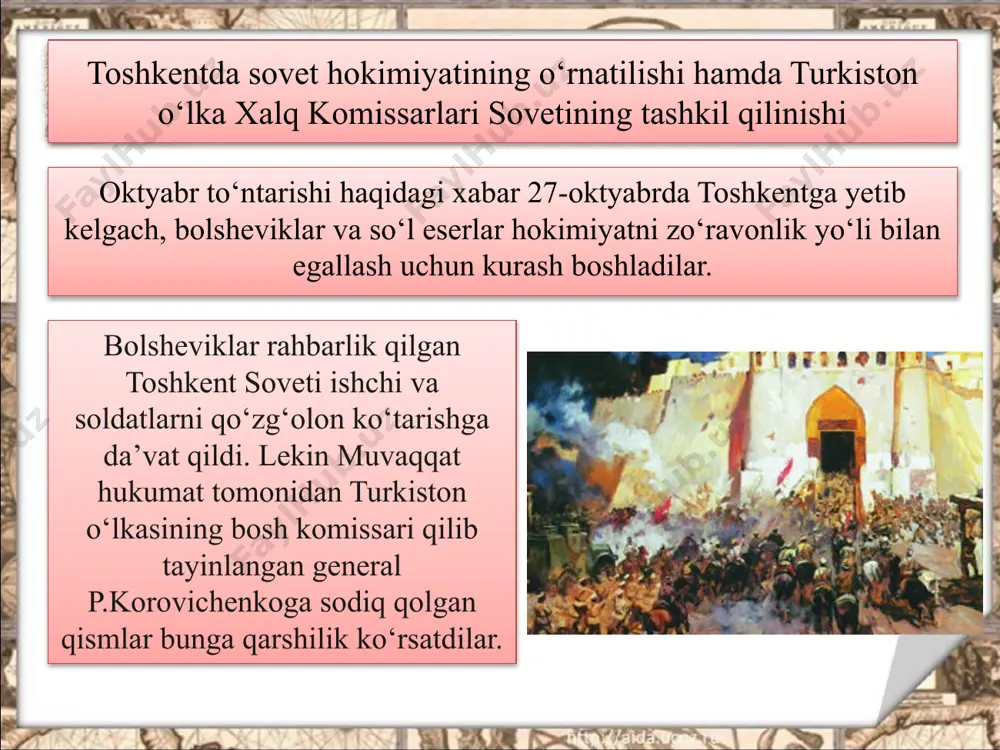 arning mazkur davrda bo‘lib o‘tgan 30dan ortiq qurultoylarining ahamiyati katta bo‘lgan. ularda rahbarlar saylangan, qo‘rboshilar yagona qo‘mondonlik qo‘l ostiga birlashtirilgan. ammo bunga doim ham amal qilinmas edi. shuningdek, qurultoylarda qo‘rboshilar guruhlari harakat qiladigan joylar va ularning ta’sir doirasi belgilab olingan. qo‘rboshilar 1924-yil oxiriga kelib turkistondagi iqtisodiy inqiroz va qashshoqlik, dahshatli ocharchilik, xalqning og‘ir turmushini ko‘rmasliklari mumkin emas edi. tinimsiz davom etgan yetti yillik kurashdan ular ham, xalq ham charchagan edi. shuning uchun tirik qolgan qasoskorlarning ko‘pchiligi 1924-yil davomida qarshilikni to‘xtatdilar. xullas, 1924-yil oxirida turkiston mintaqasida istiqlolchilik harakatining birinchi davri yakunlandi. image2.jpeg image3.jpeg image4.jpeg image5.jpeg image6.jpeg image7.jpeg image8.png image9.jpg image10.jpeg image11.jpeg image12.jpg image13.jpeg image14.jpeg image15.jpeg image16.jpeg image17.jpeg image18.jpeg image19.jpeg image1.jpeg /docprops/thumbnail.jpeg