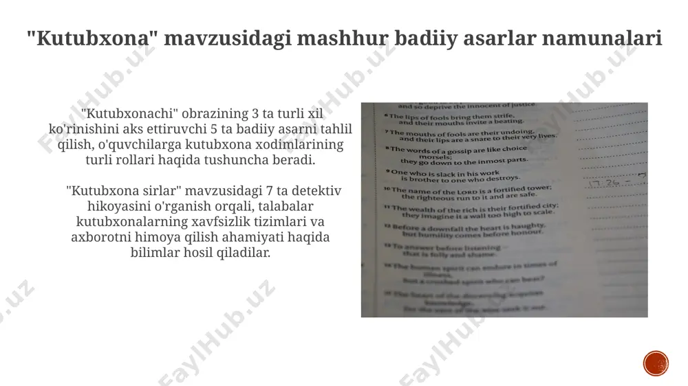 mlashga yordam beradi. dars samaradorligini oshirish bo'yicha tavsiyalar 7-sinf o'quvchilarining kutubxona faoliyatiga bo'lgan qiziqishini oshirish uchun kamida 3 ta turli janrdagi (masalan, detektiv, fantastika, tarixiy) badiiy asarlardan foydalanish tavsiya etiladi. adabiy asarlardan keyin o'quvchilarga kutubxonaning turli bo'limlari (bolalar, yoshlar, elektron resurslar) bilan tanishtiruvchi virtual sayohatlar tashkil qilish samaradorlikni sezilarli darajada oshiradi. qo'shimcha adabiyotlar va resurslar "kutubxona va adabiyot" mavzusida 10 dan ortiq onlayn resurslar, shu jumladan, interfaol o'yinlar, virtual sayohatlar va video darsliklarga havolalar taqdim etiladi. kutubxonachilikka oid 5 ta turli janrdagi (masalan, detektiv, fantastika, sarguzasht) asarlarni tahlil qilish uchun o'quvchilarga mo'ljallangan ish varaqalari va topshiriqlar to'plami mavjud. o'quvchilarning kutubxonaga bo'lgan qiziqishini oshirish usullari kutubxonada 5 tadan ortiq turli janrdagi kitoblarni namoyish etish va ular haqida qisqacha ma'lumotlar berish, o'quvchilarning tanlov imkoniyatlarini kengaytiradi va qiziqishini oshiradi. interaktiv o'yinlar, masalan, "kitoblar detektivi" yoki "kitob qahramoni" kabi 3-5 kishilik guruhlarda o'tkazish, o'quvchilarni faol ishtirok etishga undaydi. badiiy asarlardagi kutubxona tasvirlari tahlili kutubxonalar …