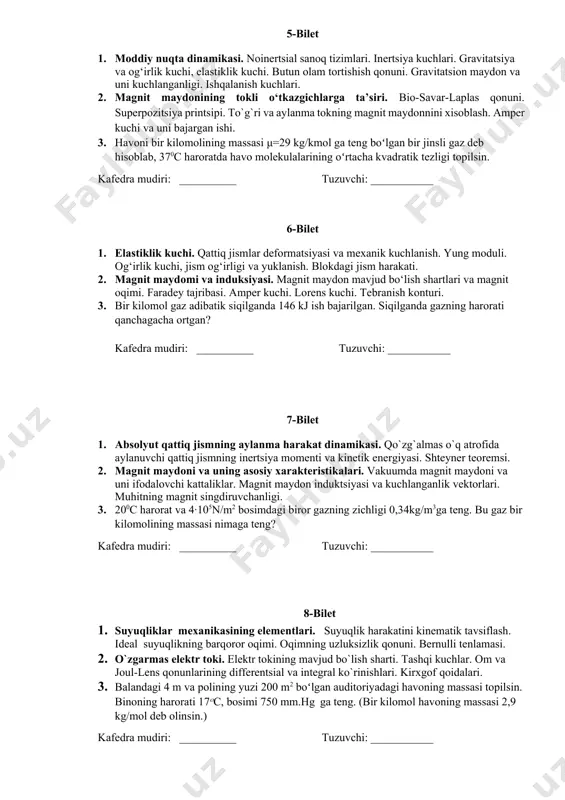 lyar toklar. magnitlanish vektori. magnit singdiruvchanlik va qabul qiluvchanlik 3. 3 l hajmli yopiq idishda 100c haroratda 12 g azot bor. isitilgandan keyin bosim 104 mm.hg ga teng boʻlgan. isitishda gazga qancha issiqlik miqdori berilgan. () kafedra mudiri: __________ tuzuvchi: ___________ 5-bilet 1. moddiy nuqta dinamikasi. noinertsial sanoq tizimlari. inertsiya kuchlari. gravitatsiya va og‘irlik kuchi, elastiklik kuchi. butun olam tortishish qonuni. gravitatsion maydon va uni kuchlanganligi. ishqalanish kuchlari. 2. magnit maydonining tokli o‘tkazgichlarga ta’siri. bio-savar-laplas qonuni. superpozitsiya printsipi. to`g`ri va aylanma tokning magnit maydonnini xisoblash. amper kuchi va uni bajargan ishi. 3. havoni bir kilomolining massasi μ=29 kg/kmol ga teng boʻlgan bir jinsli gaz deb hisoblab, 370c haroratda havo molekulalarining oʻrtacha kvadratik tezligi topilsin. kafedra mudiri: __________ tuzuvchi: ___________ 6-bilet 1. elastiklik kuchi. qattiq jismlar deformatsiyasi va mexanik kuchlanish. yung moduli. og‘irlik kuchi, jism og‘irligi va yuklanish. blokdagi jism harakati. 2. magnit maydomi va induksiyasi. magnit maydon mavjud bo‘lish shartlari …