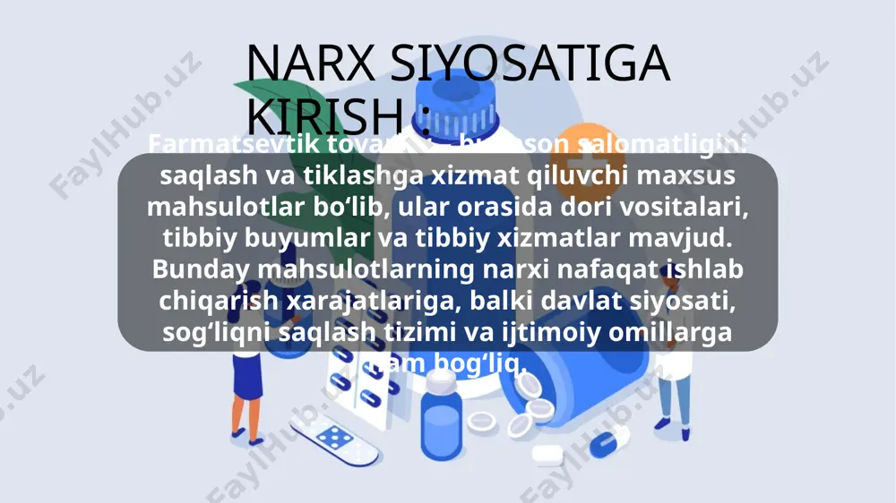 shakli bo‘yicha: inyeksiya, aerosol, plastir kabi murakkab texnologiyali shakllar — qimmat tabletka, kapsula kabi oddiy shakllar — arzonroq davlat tartibga solishining narx shakllanishiga ta’siri a) narxlarni maksimal darajada cheklash maksimal narxlarni belgilash: davlat dori vositalarining narxini belgilash orqali ularni boshqaradi. bunda, ijtimoiy ahamiyatga ega dorilar, hayot uchun zarur dorilar yoki strategik mahsulotlar uchun narxning eng yuqori chegarasi belgilanadi. ma’lum turdagi dorilarning narxi tartibga solinadi, masalan, surunkali kasalliklar uchun dori vositalarining narxi. b) narxni regulatsiya qilish narxni monitoring qilish: davlat dori vositalarining bozordagi narxlarini doimiy ravishda kuzatib boradi va o‘zgarishlar haqida ma’lumot beradi. dorixonalarda narxlar barqarorlashadi: narxlarni nazorat qilish orqali bozorni tartibga solish va raqobatni ta’minlashga yordam beradi. c) solishtirilgan narx siyosati maxsus soliq tizimi: dori vositalariga nisbatan alohida soliq stavkalari yoki bojxona to‘lovlari belgilanadi. masalan, dorilarga kam soliq stavkasi qo‘yiladi yoki muayyan dorilarga soliqlar umuman olinmaydi. aksiz solig‘ining qo‘llanilishi: ba’zi dorilar uchun aksiz solig‘i o‘rnatilishi mumkin. bu narxni oshiradi, lekin …