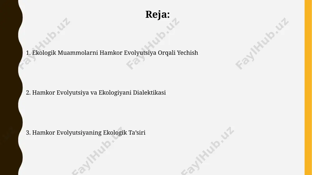 evolyutsiya: ta'rif va asosiy tushunchalar ko'plab hamkor evolyutsiya misollari parazitizm, mutualizm va kommensalizm kabi 3 ta asosiy ekologiya o'zaro munosabatlarida kuzatiladi. hamkor evolyutsiya natijasida yuzaga kelgan moslashuvlar adaptatsiya tezligi va tur xilma-xilligining 10% dan ortig'iga ta'sir ko'rsatishi mumkin. barqarorlik va hamkor evolyutsiya: kelajak perspektivalari barqarorlikka erishish uchun 30% ga yaqin biotik omillar bilan abiotik omillar o'rtasidagi hamkor evolyutsiyani kuchaytirish zarur, bu esa 2050 yilga kelib ekosistemaning turg'unligini ta'minlaydi. hamkor evolyutsiya jarayonida kamida 5 ta turli xil turlarning o'zaro ta'siri natijasida yangi ekologik muvozanatning shakllanishi kuzatiladi, bu esa atrof-muhitni muhofaza qilishga yordam beradi. atrof-muhitshunoslik: tarixiy konteksti va asosiy prinsiplari atrof-muhitshunoslikning asosiy prinsiplari ekosistemaning barqarorligini saqlash, bioxilma-xillikni muhofaza qilish va tabiiy resurslardan oqilona foydalanish kabi 3 ta asosiy tamoyilga asoslanadi. atrof-muhitshunoslikning 1970-yillardagi paydo bo‘lishi, global ekologik muammolarga, masalan, ifloslanish va iqlim o‘zgarishiga javoban 20 dan ortiq xalqaro shartnomalarning imzolanishi bilan bog‘liq. e'tiboringiz uchun rahmat @taqdimot_robot image1.jpg image2.jpg image3.jpg image4.jpg image5.jpg image6.jpg image7.jpg