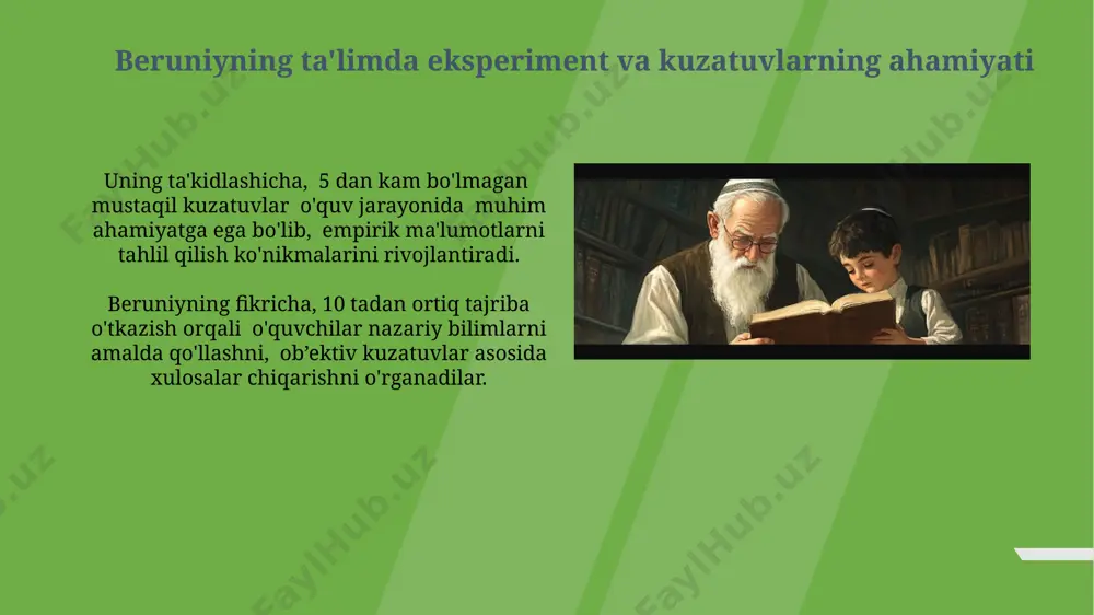 ini, ya'ni qobiliyatlari va qiziqishlarini hisobga olishni, kamida 3 ta turli o'quv uslubini qo'llashni muhim deb bilgan. beruniyning mustaqil fikrlash va tanqidiy yondashuvga bo'lgan munosabati бируний таълимда 20 дан ортиқ фанни ўрганишни тавсия қилиб, ҳар бир фанни ўз-ўзига хос методологияси билан ўрганиш зарурлигини таъкидлаган. бирунийнинг таълимдаги асосий принципларидан бири – тажрибага асосланган билим олиш бўлиб, у бунда 10 тадан ортиқ экспериментал усулларни тавсифлаган. beruniyning bilim olish usullari va metodlariga oid qarashlari beruniy, geometriya, matematika va astronomiya fanlarini o'zlashtirishda 3 o'lchovli modellardan, shuningdek, amaliy mashqlar va hisob-kitoblardan foydalanishni taklif qilgan. uning fikricha, mustaqil fikrlash va tanqidiy tahlil bilim olishda muhim ahamiyatga ega bo'lib, 2 bosqichli o'rganish jarayonini – nazariya va amaliyotni birlashtirishni tavsiya qilgan. e'tiboringiz uchun rahmat @taqdimot_robot image1.jpg image2.jpg image3.jpg image4.jpg image5.jpg image6.jpg image7.jpg image8.jpg image9.jpg image10.jpg image11.jpg image12.jpg