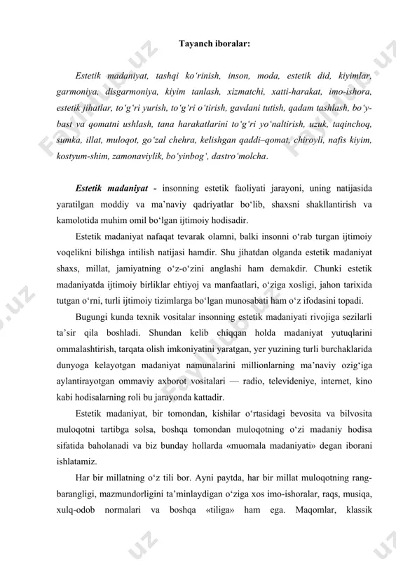 g-barangligi, mazmundorligini ta’minlaydigan o‘ziga xos imo-ishoralar, raqs, musiqa, xulq-odob normalari va boshqa «tiliga» ham ega. maqomlar, klassik qo‘shiqlarimizni tinglaganda, xalqning his-tuyg‘ulari, kechinmalari, dardi, umidlarini dildan his qilinadi, xalqning odob - axloq normalarida esa nozik did, insoniy mehr-muhabbat, hurmat va ulug‘vorlikni ko‘rish mumkin. inson faoliyatini tartibga solish, hayot tarzini shakllantirish estetik madaniyatning muhim funksiyalari jarayonidan biridir. bu funksiya tufayli estetik madaniyat kishilarning muloqotini, ishlab chiqarish va turmushdagi munosabatlarni ma’lum normalarga bo‘ysundiradi. har bir yangi madaniy qadriyatga biz o‘zimizda shakllangan madaniy qadriyatlar nuqtai nazaridan kelib chiqqan holda ijobiy yoki salbiy, chiroyli yoki xunuk, adolatli yoki adolatsiz deb baho beramiz. kundalik hayotda har birimiz bizga manzur bo‘lgan yoki manzur bo‘lmagan jarayon, voqealarga duch kelamiz, adabiyot, san’at, kino asarlarini yaxshi yoki yomon hodisalar sifatida baholaymiz. bunday baholash paytida, albatta, har bir shaxsning o‘z qarashlari, qadriyatlari ta’siri muhim rol o‘ynaydi. lekin, aksariyat hollarda bunday paytda, ayniqsa, baholanayotgan hodisa o‘zga madaniyatga tegishli bo‘lsa, o‘zimizga mansub bo‘lgan …