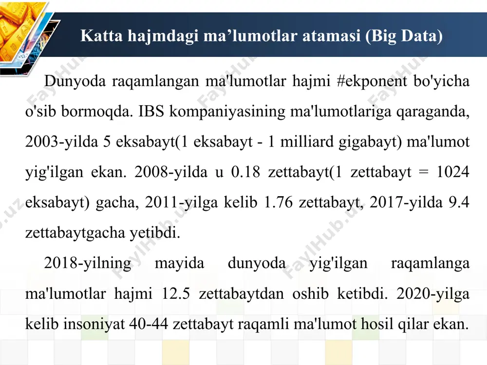 g(ma'lumotlarni topish) - biron qonuniyatni topish maqsadida ma'lumotlarni intellektual analiz qilishga aytiladi. machine learning(mashinani o'qitish) - o'zi o'rganadigan dasturlar yaratish amaliyoti va nazariyasi, sun'iy intellektning katta qismi. deep learning(chuqur o'qitish) - yanada murakkab va yanada mustaqil bo'lgan o'zi o'qidigan dasturlar yaratadigan mashinani o'qitish turi. big data(katta ma'lumotlar)ning 8 eng asosiy atamalari sun'iy neyron tarmog'i - oddiy protsessorlar(sun'iy neyronlar) birlashtirilgan tizimi bo'lib, insonning nerv tizimini imitatsiya qiladi. bunday struktura evaziga, neyron tarmoqlari dasturlanmaydi, ular o'qitishadi. business intelligence(biznes-analitika) - aniq strukturaga ega bo'lmagan juda katta hajmdagi ma'lumotlarni qayta ishlash natijasida muqobil biznes yechimlar izlashga aytiladi. ma’lumotlar bazasini sinflarga ajratish ob’ektlarni sinflarga ajratish deyilganda, barcha ob’ektlar to‘plamini birorta norasmiy belgi bo‘yicha qism to‘plamlarga ajratish tushuniladi. mbni ko‘pligini hisobga olib uni sinflarga ajratish belgilari xilma – xil. hozirgi kunda mbni quyidagi sinflari ko‘p qo`llaniladi: mb ma’lumotlarni tasvirlash shakliga qarab: video, audio, multimedia guruhlariga ajratish mumkin. video mb ma’lumotlarini ko‘rinishiga qarab o‘z navbatida matnli va …