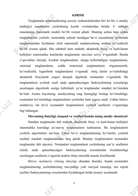 xulosa: bitiruv malakaviy ishi qo‘yilgan talab darajasida bajarilgan bo‘lib, ishni 76 ball bilan baholasa bo‘ladi. ishni davlat attestatsiyasi komissiyasiga himoyaga tavsiya etaman. taqrizchi: ______________ qmii dotsenti a.abdirasulov (imzo) “____” ________ 2015 yil. qarshi davlat universiteti fizika –matematika fakulteti “5130100 — matematika” ta’lim yo‘nalishi talabasi turayev qurbonali habibullo o‘g’lining bitiruv malakaviy ishiga t a q r i z malakaviy ish mavzusi:nostandart tenglamalarni yechishning ba`zi usullari malakaviy ishning hajmi: 37 bet a) yozma izoh qismi: 32 bet b) grafik va ilovalar qismi: - malakaviy ish mavzusining dolzarbligi va topshiriqga mosligi: ushbu bitiruv malakaviy ishda tenglama va tenglamalar sistemalari yechimlariga doir dolzarb masalalar qaralgan. malakaviy ishning yozma izoh grafik materiallarning tarkibi va bajarilish sifati: bitiruv malakaviy ish mazmuni yozma ravishda kompyuterda bajarilgan bo’lib qo’yilgan talablarga darajasida bajarilgan. ishda kirish, ikki bob, xulosa va adabiyotlar ro’yxatidan iborat. bitiruv malakaviy ishi asosiy qismi 37 betdan iborat. malakaviy ishda ilmiy manbalar, fan-texnika yutuqlari va ilg‘or tajriba …