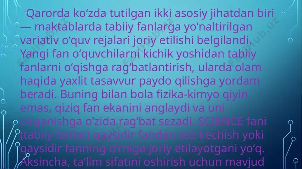 y tabiiy fanlardan "astranomiya" va "geografiya" fanlari rivojiga katta hissa qoʻshgan.astranomiya faninining asoschisi ,bagʻdodda birinch boʻlib observatoriya qurgan va ilmiy darsliklar yozgan bu - farobiy.abu rayhon beruniy aynan tibbiy asoschisi emas balki,tibbiyot ,astranomiya fanlariga ham ulkan hissa qoʻshgan olim hisoblanadi.tabiiy fanlar boʻyicha bir qancha kitoblar yozib qoldirishgan .z.m.bobur oʻzining"boburnoma"asarida andijondan hindistongacha boʻlgan hududlarning tabiati,iqlimi,oʻsimliklar,hayvonlari haqida maʼlumot bergan boʻlsa ,mirzo ulugʻbek esa 1018ta yulduzni oʻrnini aniqlab koʻrsatgan.ulugbek samarqandda ilmiy madrasa ochib astranomiay fani rivojlanishiga ulkan hissa qoʻshdi. boshlang‘ich sinflarda motivlar hosil qilishda didaktik o‘yinlarning o‘rni beqiyosdir. o‘yin- boshlang‘ich sinf o‘quvchilarida ma‘lum sifatlarni shakllantirish uchun kattalar- o‘qituvchilar, tarbiyachilar, ota-onalar tomonidan qo‘llaniladigan usul. o‘yin vositasida o‘quvchilarning bilim o‘zlashtirish jarayoni qulaylashadi, turli xil predmetlar bilan munosabatda bo‘lishga o‘rganadi, shuningdek,ularda muomala madaniyati shakllanadi. didaktik o‘yinda faoliyatning asosiy turi hamkorlikdagi o‘quv faoliyatidir. didaktik o‘yinlarning boshqa faoliyat turlaridan farqlanadigan muhim belgilari uning tarkibi qat‘iyligidir. didaktik o‘yinlarning tarkibiy komponentlari quyidagilar: o‘yin mantiqi, o‘yinning harakati, o‘yin qoidasi. didaktik o‘yinlar …