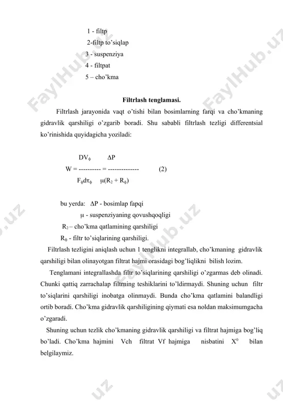 iltrlapga suspenziya vakuum nasos orqali bajariladi. agar (5) tenglikning bosimlar farqi bir xil ravishda ishlaydigan (p = const filtrlap uchun integrallasak quyidagi ifoda kelib chiqadi: bu yerda: (p = (p0 - (pfi - umumiy bosimlar farqi, (p0 – cho’kmaning ikki tomonidan olingan bosimlar farqi, (pfi - filtr to’sig’ining ikki tomonidan olingan bosimlar farqi. (7) tenglama orqali vaqt davomida olingan filtrlashning unumdorligini aniqlash mumkin. (7) tenglamadagi bosimlar farqi suspenziyaning qovushqoqligini ( cho’kmaning solishtirma qarshiligi r0 cho’kma va filtrlash hajmining nisbatlari faqat tajriba orqali aniqlanadi. shu sababli o’zaro bog’lanish filtrlash doimiysi k orqali ifodalanadi: k = 2 (p / ( r0 x0 (8) фильтpлаш доимийлиги босимлаp фаpšи чўкманинг таpкиби ва суспензиялаpнинг šовушšоšлигини ќисобга олади, худди шунингдек фильтp тўсиšлаpининг гидpавлик šаpшиликлаpини ќам фильтpлаш доимийлигини с билан белгилаш мумкин: c = rft / r0 x0 (9) filtr to’siq va filtrlash doimiylarining qiymatlarini (5) tenglamasiga qo’ysak quyidagi ko’rinishga keladi: v2 + 2vc = k( (10) …