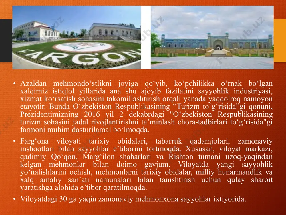 r o’z yechimini topsa, mintaqa mamlakatimizning turistlarni qabul qiluvchi asosiy markazlariga aylanadi 2.mintaqada turizmning rivojlanish tendensiyalari. mintaqaning turistik resurslari salohiyati ahmad al-farg`oniy majmuasi. majmua mustaqillik davrida - 1998 yilda bunyod etilgan. abul abbos ibn muhammad ibn kasir ahmad al-farg`oniy 797 yili farg`ona vodiysining qubo (quva) qishlog`ida tug`ilgan. xalifa horun ar-rashidning sharqiy yerlaridagi muovini, o`g`li ma’munning marvdagi olimlari doirasiga kirgan. ahmad al-farg`oniy nihoyatda mashhur olim bo`lib, asarlarining tarjimasi bir necha asrlar davomida hatto yevropa universitetlarida ham asosiy darslik sifatida qo`llanilgan. manbalarda ahmad al-farg`oniy va uning 861 yilgi ixtirolari haqida ko`p gapiriladi. u ixtiro qilgan "miqyos an-nil " (nil daryosi suvini o`lchash) hozirgi kunda ham misrning qohira shahrida saqlanib qolgan. vafoti taxminan 865-866 yillar, deb qabul qilingan. burxoniddin marg`inoniy (ramziy) maqbarasi. o`zbekiston respublikasi prezidenti islom karimov sa’y-harakatlari bilan allomaning ramziy maqbarasi 2000 yilda rishton shahrida bunyod qilindi. buyuk faqih abul hasan ali ibn abu bakr ibn abduljalil al-farg`oniy ar-rishtoniy al-marg`inoniy 1123 yilning …