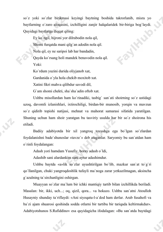 arini (masalan sonni) birin-ketin tartib bilan ifodalab beriladi». shoirning quyidagi baytlarida ta`dil mohirona qo`llangan: bo`lsa bu kech hamdami dono bir, ikki, uch, ahbobi xo`b tal`ati tanho bir, ikki, uch. (32-b. yoki qilmoq tamoshai jamol yor oldida ozoda sham`, kuyub, yonub, giryon bo`lub, jonon qo`lida soda shayx. so`z takroriga asoslangan san`atlardan yana biri tasdirdir. yusuf saryomiy ijodida ham tasdir san`atiga qator namunalarni uchratamiz: 1. bayt bir so`z bilan boshlanib, shu so`z bilan tugaydi. masalan, quyidagi baytlarning birinchisi «ishq» so`zi bilan boshlanib, shu so`z bilan tugagan: ishq borin jumla ashyo chekkali ojiz kelib, bu haziz xok bo`ldi, oqibat darkor ishq. 2. baytning birinchi misrasi boshida so`z ikkinchi misrada ham takrorlanadi: birni bozor muhabbatda sotar, qulliq uchun, birni ajlolu karomatda qilur ahror ishq. ba`zi sarkaram sadoi gulgun noqus der, ba`zi sarmast may zavqi haram zavvor ishq. 3. birinchi misra o`rtasidagi so`z ikkinchi misra oxirida qaytariladi: yetti shahar ishq kezgan ko`hko` devonavor orifi billohi …
