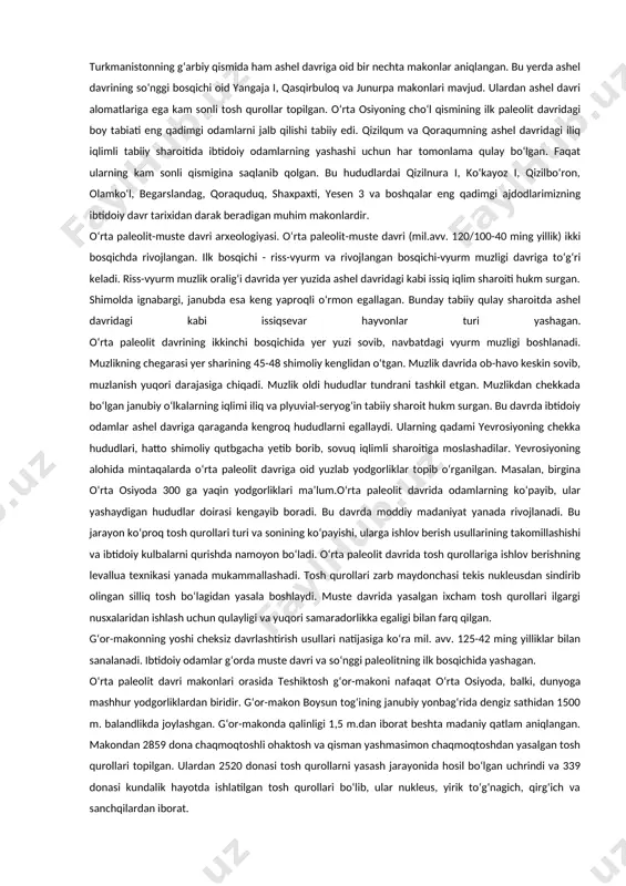 gan tosh qurollarining asosiy qismi chaqmoqtoshdan va kam sonli nusxalari chaqmoqlashgan slanetsdan yasalgan. obsidiandan yasalgan bir dona tosh qurolining topilishi muhim o‘rin tutadi. bunday tosh qurollar o‘rta osiyoning boshqa yodgorliklarida uchramaydi. obsidian vulqon harakati faol bo‘lgan kichik osiyo va o‘rta sharq hududida tarqalgan. bu bevosita ko‘lbuloq makonida yashagan odamlari bilan g‘arbiy osiyo bilan maʼlum aloqasidan dalolat beradi. suyak topilmalari arxar, ot va boshqa hayvonlarga tegishli. ko‘lbuloq makonining yaqin atrofida paleolit davriga oid qizilolma 2 yodgorligi joylashgan. qizilolma 2 tabiiy chaqmoqtosh qatlamiga ega kon shaxtasi bo‘lib, undan ishlov berilgan tosh qurollari, tosh qurollari yasash jarayonida hosil bo‘lgan uchrindilar topilgan. tosh qurollari orasida ashel davri usulida yasalgan nusxalari ham mavjud. qazib olingan xom ashyoga ishlov berish ishlari bevosita shaxtada amalga oshirilgan. janubiy qozog‘istonda ham ashel davriga oid bir necha makonlar o‘rganilgan. bu yerdagi makonlar madaniy qatlamga ega emas, moddiy ashyolar ularning sirtidan terib olingan. kichik qoratov hududidagi bo‘riqazigan va tanirqazigan yodgorliklarining yuzasidan …