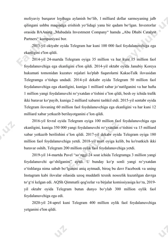 qadalgan chatlar, 400 ta gacha (oddiy versiyasida 200 ta gacha) saqlangan animatsiya (gif) lar, „oʻzingiz haqingizda“ boʻlimida uzunroq tavsif, ovozli habarlarni matn shaklida qabul qilish, noyob stikerlar va reaksiyalar jamlanmalari, nikneym oxiridagi premium belgisi va boshqa koʻplab funksiyalar. 29-avgust 2022-yil holatiga koʻra telegram rasmiy saytidan yuklab olingan ilovasi uchun premium obuna narxi bir oyga 3.99 aqsh dollarini tashkil qiladi. oʻzbekistonlik foydalanuvchilar uchun 1 oylik obuna narxi 35 990 soʻmni, 1 yillik obuna narxi esa 269 990 soʻmni tashki etadi. instagram – kevin systrom va mike krieger tomonidan yaratilgan hamda rasm va videolarni ulashish uchun moʻljallangan ijtimoiy tarmoq. shuningdek, boshqa ijtimoiy tarmoq platformalari orqali ularni yuklash imkonini beradi. bundan tashqari, foydalanuvchilar rasmlar va videolar uchun raqamli filtrlar qoʻllash imkoniga egadir. instagramda videolar uchun maksimal davomiylik 60 soniyadir. instagram app store va play market orqali bepul tarqatiladi. instagram kevin systrom va mike krieger tomonidan yaratilgan hamda bepul mobil ilova sifatida 2010-yilning oktyabr …