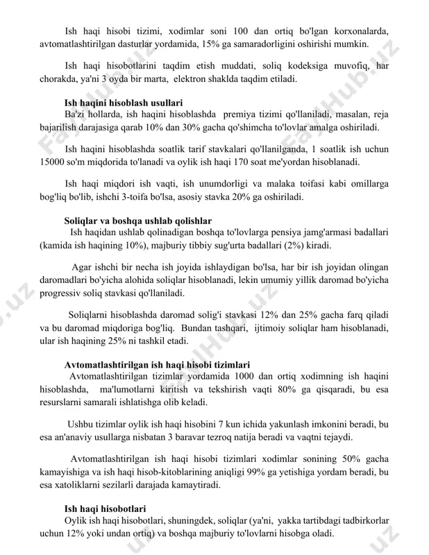 liq kodeksiga muvofiq, har chorakda, ya'ni 3 oyda bir marta, elektron shaklda taqdim etiladi. ish haqini hisoblash usullari ba'zi hollarda, ish haqini hisoblashda premiya tizimi qo'llaniladi, masalan, reja bajarilish darajasiga qarab 10% dan 30% gacha qo'shimcha to'lovlar amalga oshiriladi. ish haqini hisoblashda soatlik tarif stavkalari qo'llanilganda, 1 soatlik ish uchun 15000 so'm miqdorida to'lanadi va oylik ish haqi 170 soat me'yordan hisoblanadi. ish haqi miqdori ish vaqti, ish unumdorligi va malaka toifasi kabi omillarga bog'liq bo'lib, ishchi 3-toifa bo'lsa, asosiy stavka 20% ga oshiriladi. soliqlar va boshqa ushlab qolishlar ish haqidan ushlab qolinadigan boshqa to'lovlarga pensiya jamg'armasi badallari (kamida ish haqining 10%), majburiy tibbiy sug'urta badallari (2%) kiradi. agar ishchi bir necha ish joyida ishlaydigan bo'lsa, har bir ish joyidan olingan daromadlari bo'yicha alohida soliqlar hisoblanadi, lekin umumiy yillik daromad bo'yicha progressiv soliq stavkasi qo'llaniladi. soliqlarni hisoblashda daromad solig'i stavkasi 12% dan 25% gacha farq qiladi va bu daromad miqdoriga …
