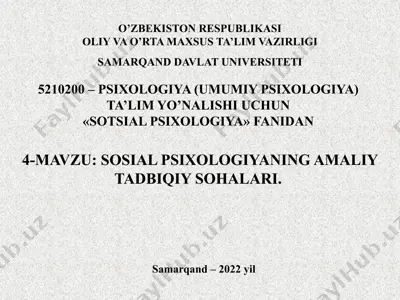 sotsial psixologiyaning amaliy tadbiqiy sohalari — PPTX