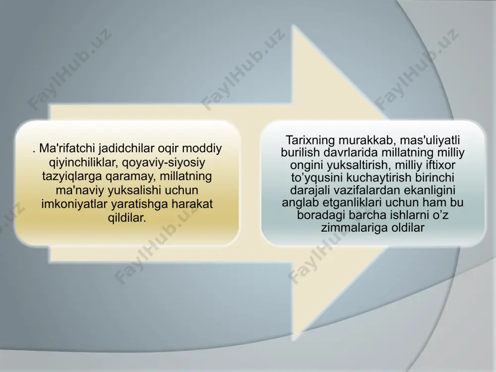ziyosidan bahramand qilishda unitilmas xizmatlar ko’rsatdi. «turkiy guliston yoxud axloq» kitobida ma'rifat, ilm-fanning jamiyat taraqqyotida tutgan o’rni haqida qimmatli fikrlarni bayon qilgan. allomaning qarashlarini o’rganish – bugun o’zligimizga qaytish jarayoni kеchayotgan bir paytda alohida ahamiyat kasb etadi. biz shu o’rinda allomaning asaridan quyidagilarni qayd etishni lozim topdik. «ilm inson uchun qoyat oliy va muqaddas bir fazilatdir. zеroki ilm bizga o’z ahvolimizni, harakatlarimizni oyna kabi ko’rsatur. zеhnimizni, fikrimizni qilich kabi o’tkir qilur, savobni gunohdan, halolni haromdan, tozani murdordan ayurub bеrur. to’qri yo’lga rahnamolik qilib, dunyo va oxiratda mas'ul bo’lishimizga sabab bo’lur. bizlarni ilm jaholat qoronquligidan qutqarur. madaniyat, insoniyat, ma'rifat dunyosiga chiqarur. alloh taologa muhabbat va e'tiqodimizni orttirur... alhosil, butun hayotimiz, salomatimiz, himmatimiz, qayratimiz, dunyo va oxiratimiz ilmga boqliqdur». jadidchilarning qismati chor hukumati, vaqtli hokimiyat va ayniqsa, sobiq sho’rolar tuzumi davrida nihoyatda fojiali bo’ldi. ularning ko’pchiligiga yuqorida bayon qilingan talablari uchun millatchi, «panturkist» dеgan tamqa bosilib, qataqon qilindi, jadidlar qoyalari va harakatiga …