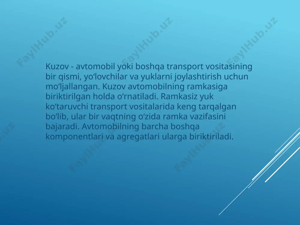 ajmli, orka eshikli va passajir yoki yuk (orka urindiklar taxlangansa) tashish uchun muljallangan passajir kuzovi. (ij-21251) limuzin – uch xajmli, birinchi kator urindiklari oynalari ochiladigan tusik bilan ajratilgan, usti yopik, turt yonbosh eshikli, yukori komfortabellikka ega saloni kengaytirilgan, uch kator urindigi bor, ba’zida urta kator urindiklari kaytariladigan passajir kuzovi (zil-114, zil-117, zil-4104) rodster – ikki urinli, usti ochik, taxlanadigan yumshok tentli, orka yukxona tomini usti ochik xolatida ikkita nokulay bulgan urindik paydo buladigan passajir kuzovi. brogam – oldingi urindiklar ustki tomini ma’lum kismi ochilib yopiluvchi kombinasiyalashgan passajir kuzovi. lando – orka kator urindiklar tomini ma’lum kismi ochilib yopiluvchi kombinasiyalashgan passajir kuzovi. xulosa. yengil avtomobil kuzovlari deganda avtomobillarni qurishda engil materiallardan foydalanish tushuniladi. yengil avtomobil kuzovlaridan foydalanishning asosiy maqsadi avtomobil og‘irligini kamaytirish, bu esa yoqilg‘i samaradorligini oshirish, boshqarishni yaxshilash va chiqindilarni kamaytirish kabi turli imtiyozlarga olib keladi.yengil avtomobil kuzovlarida odatda alyuminiy, uglerod tolasi bilan mustahkamlangan polimer (cfrp) va yuqori mustahkam po'latdan …
