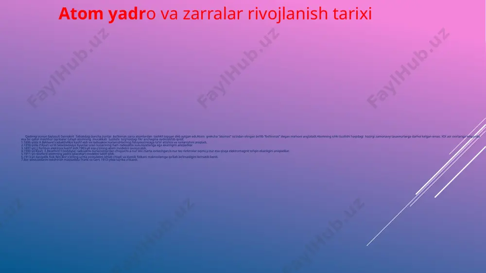 ndekslar yig’indisi ham teng bo’ladi. ==+ β-yemirilish.yadrolardan o’z-o’zidan elektronlarni yoki pratonlarni chiqarishi β-yemirilish deyiladi.β-nurlar yorug’lik tezligiga yaqin tezlikda harakatlanuvchi elektronlar oqimi.ularning energiyasi anchakatta bo’lib 2,3mev gacha yetadi.bu energiya elektronlarning tinchlikdagi energiyasidan ham taxminan 5 marta kattadir.β-zarralarning erkin yurish yo’li metallarda 3mm atrofida bo’lib, havoda esa bir necha yuz metrga yetishi mumkin. image1.png image1.jpeg /docprops/thumbnail.jpeg