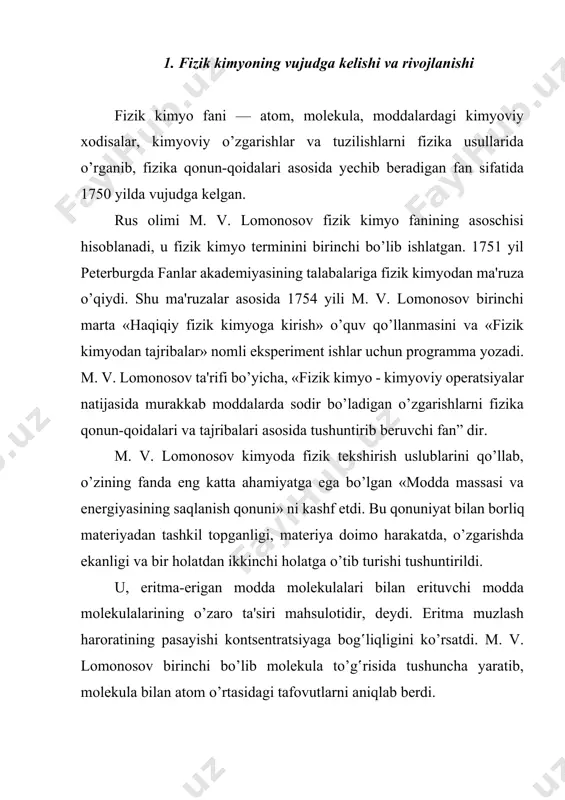 i g. i. gess kimyoviy reaksiyalar vaqtida umumiy issiqlik effekti doimiy qiymatga ega bo’lib, u oraliq reaksiyalar issiqlik effektlariniig yig‛indisiga teng bo’lishi qonunini kashf etadi. bu qonun fizik kimyoda termokimyoning asosiy qonunlaridan biri hisoblanadi. rus olimlaridan n. n. beketovning 1865 yildan boshlab fizik kimyo kursidan ma’ruza o’qishi, n. n. lyubavinning shu fandan birinchi darslik yozishi, a. m. butlerovning moddalarning kimyoviy tuzilish nazariyasini yaratishi, 1869 yili d. i. mendeleyev tomonidan kimyoviy elementlar davriy qonunining kashf etilishi fizik kimyoning taraqqiyotiga keng yo’l ochib berdi. d. i. mendeleyev birinchi bo’lib qishloq xo’jaligini rivojlantirish uchun kimyodan keng foydalanish kerakligini vazifa qilib qo’ydi va shu bilan agrokimyo faniga asos soldi. atoqli rus olimi k. a. timiryazev va uning shogirdi d. n. pryanishnikov agrokimyo fanini rivojlantirib, qishloq xo’jaligida hosildorlikni oshirishda kimyo asosiy omillardan biri ekanligini isbotladilar. fizik kimyoni rivojlantirishda i.a. kablukovning ishlari ham ahamiyatlidir. u mendeleyevning eritmalar gidrat nazariyasidan foydalanib, elektrolitlarning suvdagi eritmalarida ionlarning gidratlanish hodisasi …