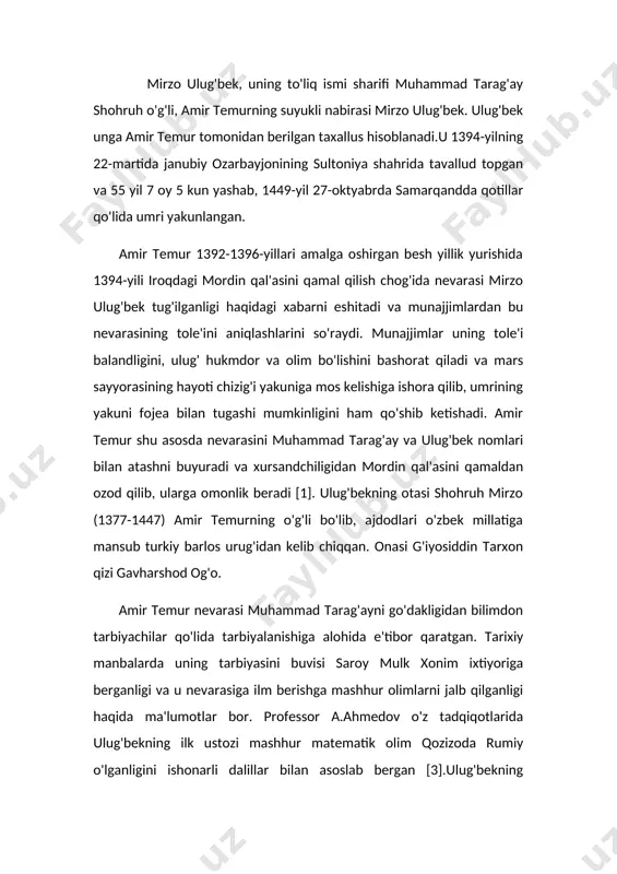 mumkin, chunki bu kishi temurning saroyidagi eng yirik olimlardan bo'lib, sayyoraning kelajagiga oid ikki yuz yillik taqvimlari jadvallarini tuza olgan. lekin ulug'bekning o'zi keyinchalik asosiy asari bo'lmish "zij"ida faqat qozizoda rumiyni "ustozim" deb ataydi. ulug'bek yoshligidan ilm o'rganishdan tashqari jismoniy mashqlar, otda yugurish, qilich chopish, yoy otish, suvda suzish bilan faol shug'ullanadi. qur'onni yod olish mashqlarini tinimsiz takrorlaydi. shu sababli uning xotirasi va zehni o'tkir, irodali bo'lgan. bundan tashqari amir temur nevarasini ko'pincha o'zi bilan olib yurishni, uning aslzodalar odatlarini puxtaroq egallashiga sharoit yaratib,xos mehmonlarni kutish marosimlarida ham ishtirok etishiga alohida ahamiyat bergan. ulug'bek yoshligidan ulug' bobosining yonida yurib, saltanat manfaatlarini anglashni tushunib borgan, u o'z hayoti mobaynida adolatsizliklarga, cheklashlarga, toju-taxt talashishlardagi xiyonatlarga ko'p duch kelgan. ulug'bek jismonan chiniqqan inson bo'lgan, o'z davrida taxtga o'tirish uchun qozoqlik davrini, ya'ni ekstrimal sharoitlarda yashay olish davrini ham boshidan o'tkazgan. u bu haqida o'zining "to'rt ulus tarixi" asarida ma'lumot bergan [4]. ulug'bekning xotirasi …