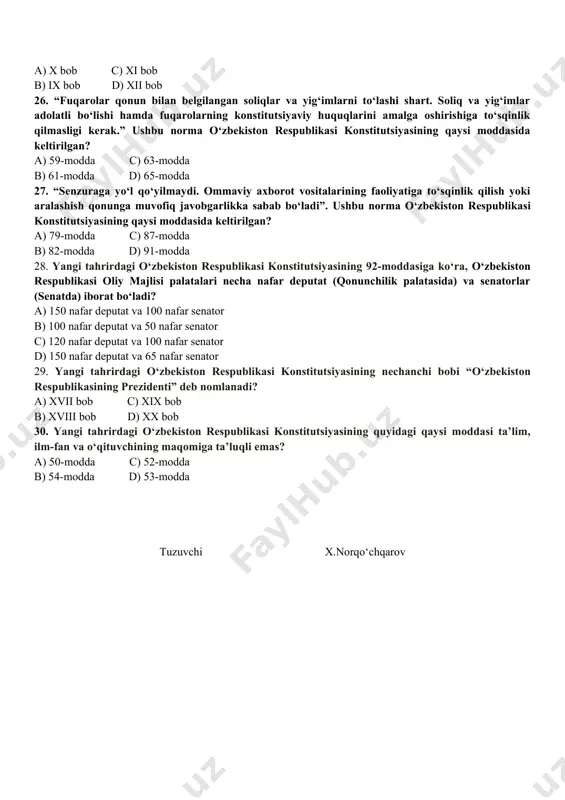 ‘ishlangan? a) siyosiy huquqlar b) iqtisodiy, ijtimoiy, madaniy va ekologik huquqlar c) fuqarolarning burchlari d) jamiyatning iqtisodiy negizlari 21. yangi tahrirdagi o‘zbekiston respublikasi konstitutsiyasinining sakkizinchi bobi qaysi moddalarni o‘z ichiga oladi? a) 33-39-moddalarni b) 35-41-moddalarni c) 36-40-moddalarni d) 37-43-moddalarni 22. yangi tahrirdagi o‘zbekiston respublikasi konstitutsiyasiga ko‘ra, qonunda belgilangan pensiyalar, nafaqalar va boshqa turdagi ijtimoiy yordamning miqdorlari rasman belgilangan eng kam ......... oz bo‘lishi mumkin emas. nuqtalar o‘rnini to‘ldiring? a) ish haqidan oz bo‘lishi mumkin emas b) ba’zaviy hisoblash miqdoridan c) iste’mol xarajatlaridan d) to‘g‘ri javob yo‘q 23. o‘zbekiston respublikasi konstitutsiyasining 30-moddasiga taaluqli bo’lgan javobni toping? a) har bir insonshaxsiy hayotining daxlsizligi, shaxsiy va oilaviy sirga ega bo‘lish, o‘z sha’ni va qadr-qimmatini himoya qilish huquqiga ega b) hech kim ayni bir jinoyat uchun takroran hukm qilinishi mumkin emas c) har kim uy-joy daxlsizligi huquqiga ega d) har kim fikrlash, so‘z va e’tiqod erkinligi huquqiga ega 24. “barcha fuqarolar konstitutsiyada belgilab qo‘yilgan …