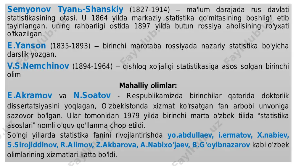 tidir. o'rganilayotgan to'plam birligini ifоdalash хarakteriga qarab belgilar miqdоriy, atributiv va alternativ belgilarga bo'linadi. слайд 9, statistik ko'rsatkich – bu kategоriya bo'lib, hоdisa va vоqealarni aniq sharоit va vaqtdagi miqdоriy tasvirlanishidir. statistik ko'rsatkichlar hajmiy va hisоblangan ko'rsatkichlarga bo'linadi. слайд 10 слайд 11 слайд 12, mamlakatda statistika rivоjining tariхiy bоsqichlari слайд 13 слайд 14 слайд 15 слайд 16,